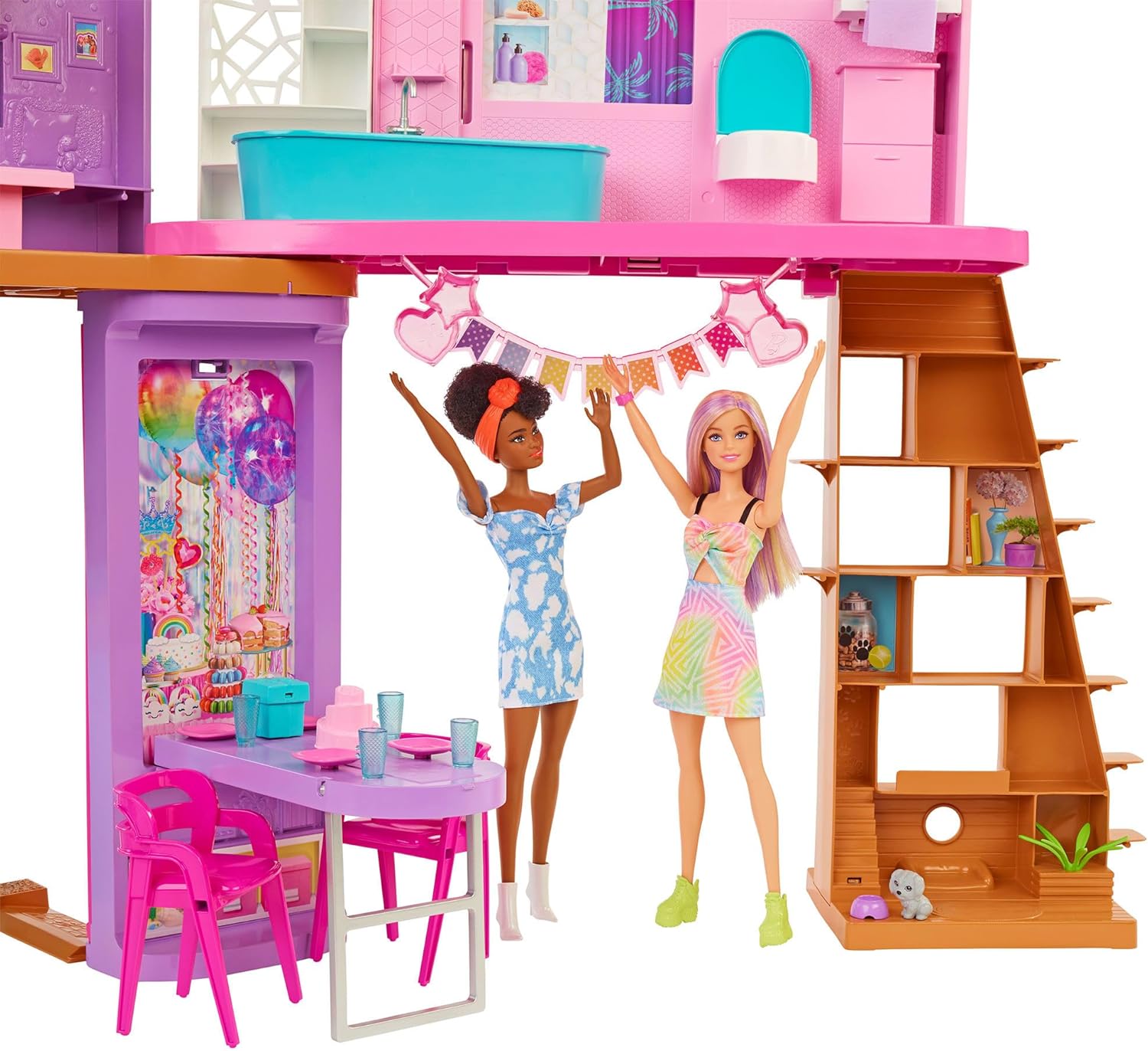 Barbie Vacation House, 2-Storey Fully-Furnished Barbie House with 6 Play Areas, Swing Chair Elevator, 30 Accessories, Fold and Store, Toys for Ages 3 and Up