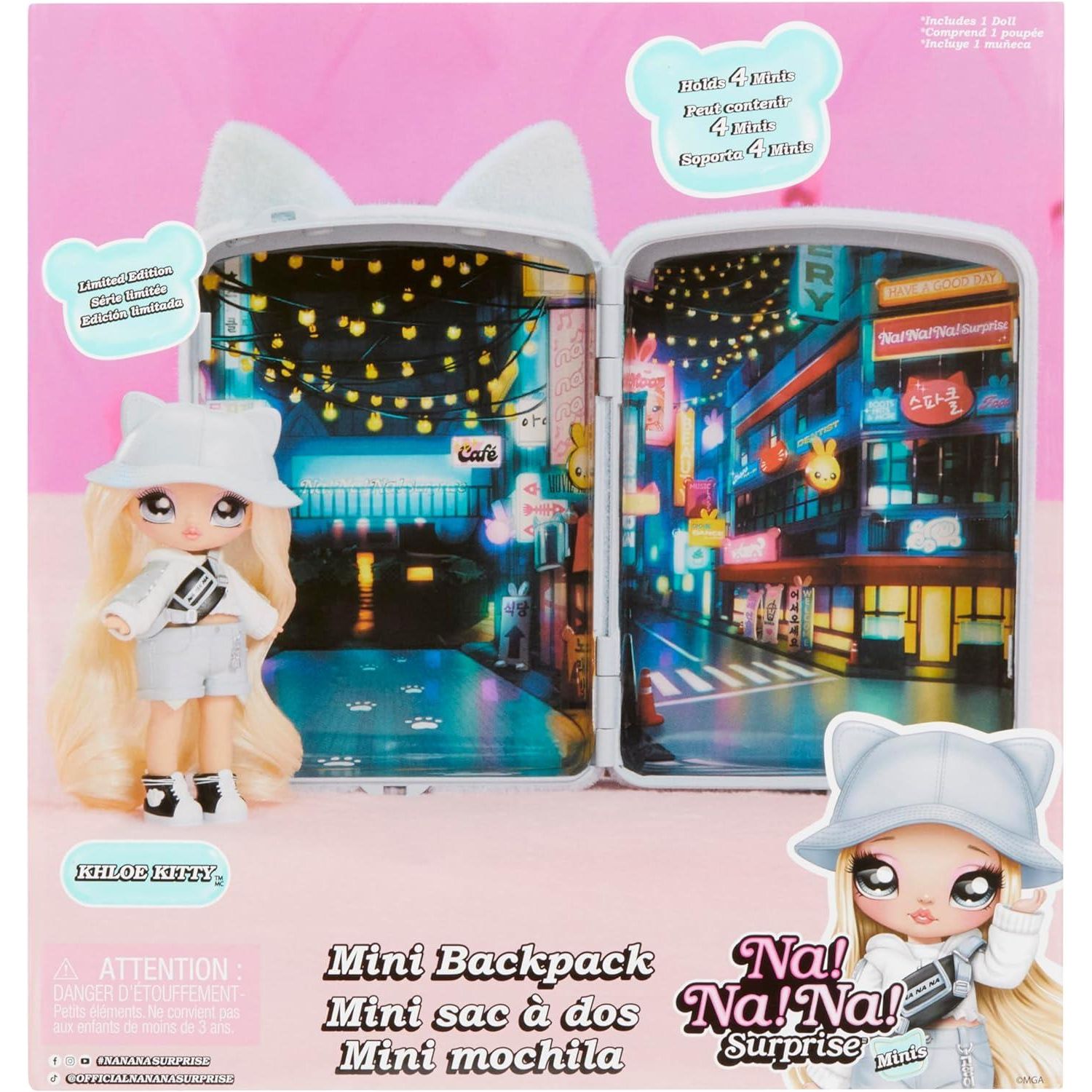 Na! Na! Na! Surprise Mini Backpack Series 2 Khloe Kitty Fashion Doll, Fuzzy White Kitty Backpack, Gift for Kids