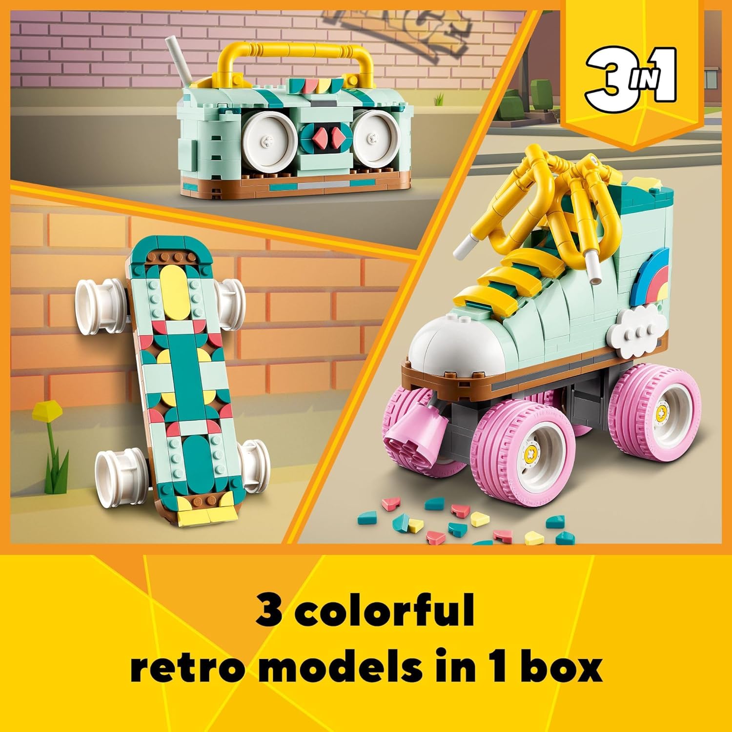 LEGO Creator 31148 3 in 1 Retro Roller Skate Building Kit, Transforms from Roller Skate Toy to Mini Skateboard to Boom Box Radio, Birthday Gift for Skaters