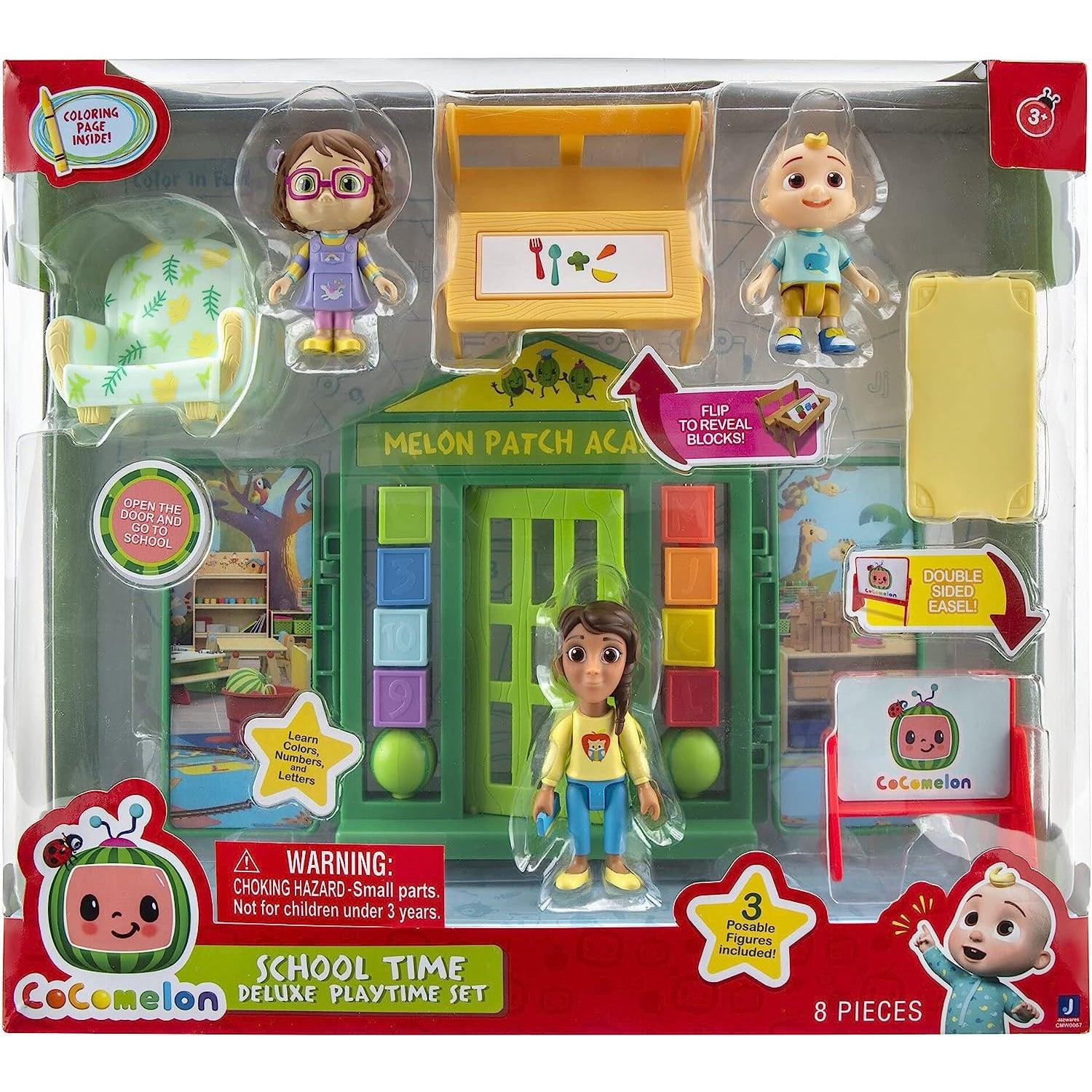 CoComelon School Time Deluxe Playtime Set - JJ, Bella, Ms. Appleberry The Teacher and 5 Accessories (Table, Cot, Armchair, Easel, Walls) - BumbleToys - 0-24 Months, Action Figures, Boys, Cocomelon, OXE, Pre-Order
