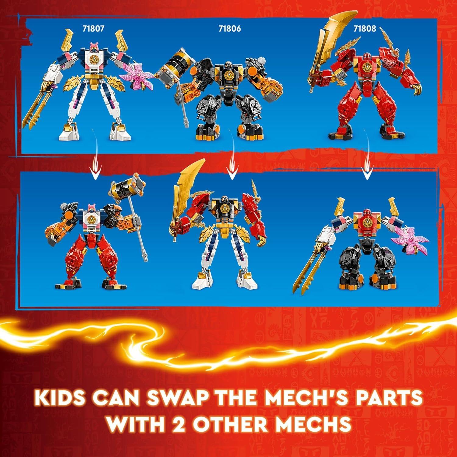 LEGO 71807 NINJAGO Sora’s Elemental Tech Mech Mini Ninja Toy, Customizable Figure, Adventure Toy Set for Kids with Sora Minifigure, Ninja Action Figure.