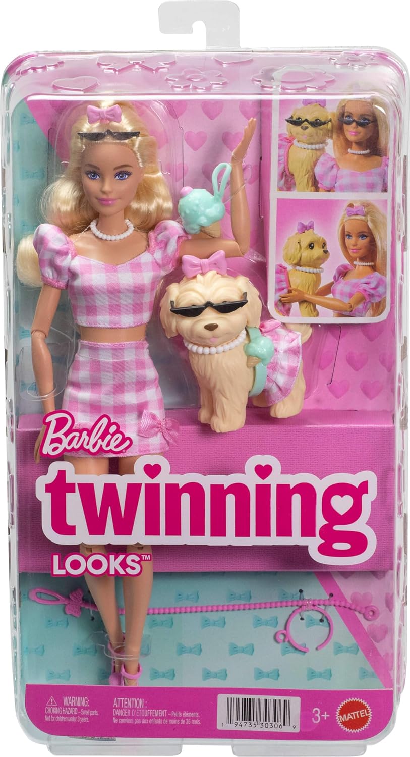 Barbie Twinning Looks Doll with Pet Dog in Matching Pink Gingham Clothes and Accessories for Both Like Sunglasses, Necklaces and Bows, Blonde