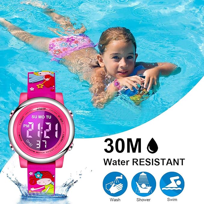 ساعة cofuo Kids الرقمية الرياضية المقاومة للماء للبنات والأولاد، ساعات رياضية للأطفال في الهواء الطلق LED مع ساعة توقيت مضيئة وساعة يد للأطفال - Rose Elves