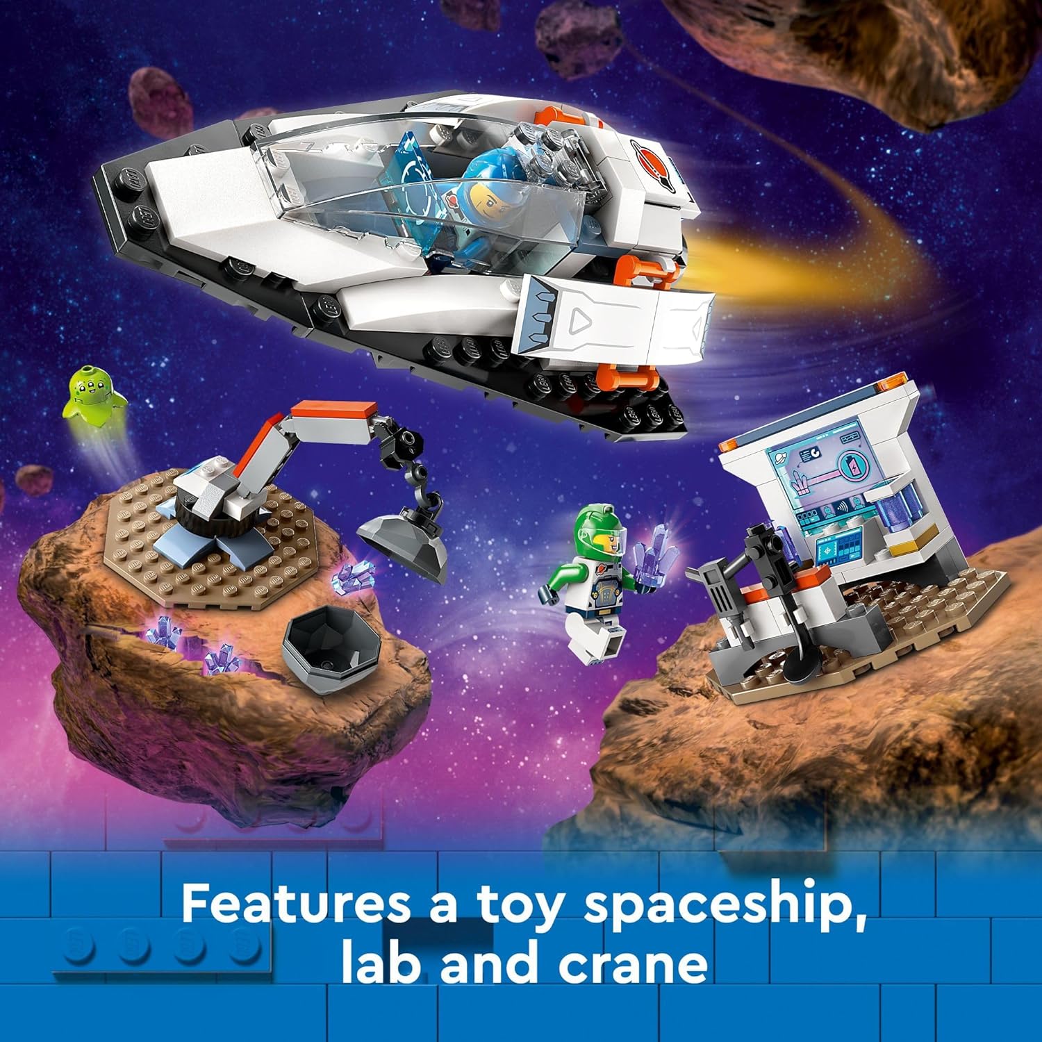 مجموعة بناء لعبة اكتشاف سفينة الفضاء والكويكبات من ليجو 60429، هدية للأطفال بعمر 4 سنوات فما فوق والذين يحبون اللعب التظاهري، تتضمن شخصيتين صغيرتين لطاقم الفضاء، كائن فضائي، كريستالات، لعبة رافعة