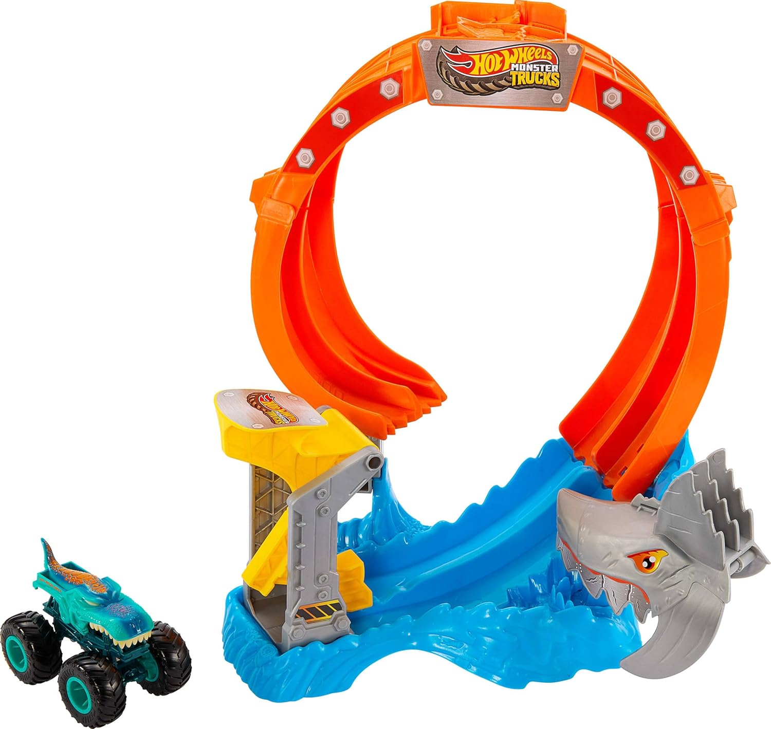 Hot Wheels Toy Monster Trucks Track Set, Corkscrew Shark Smash Playset & 1:64 Scale Mega-Wrex Vehicle, Launch through Loop to Defeat Nemesis