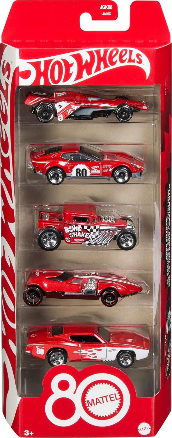 Hot Wheels Toy Cars, 5-Pack of 1:64 Scale Toy Cars with Collectible Deco & Packaging, Core Mattel 80th Anniversary Set of 5 Vehicles