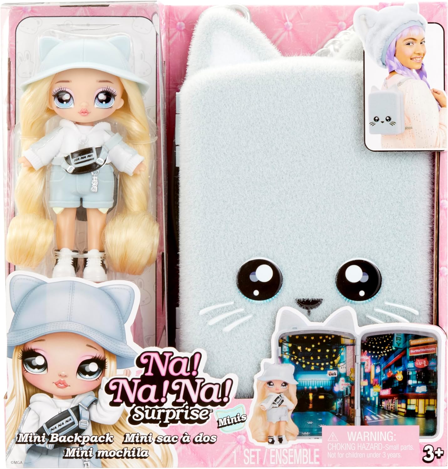 Na! Na! Na! Surprise Mini Backpack Series 2 Khloe Kitty Fashion Doll, Fuzzy White Kitty Backpack, Gift for Kids