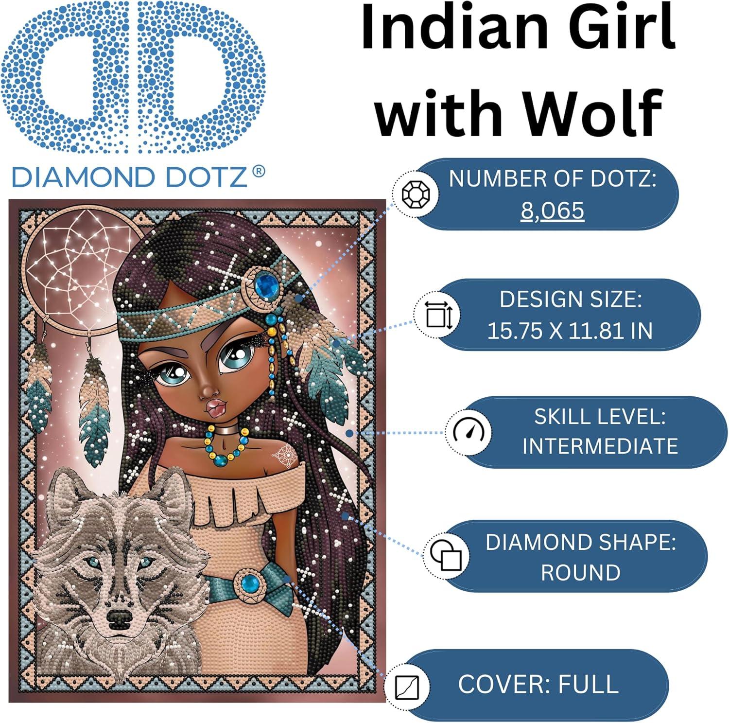 مجموعة فنية من الماس من سيمبلي دوتز 15.8 بوصة × 11.8 بوصة - فتاة هندية مع ذئب