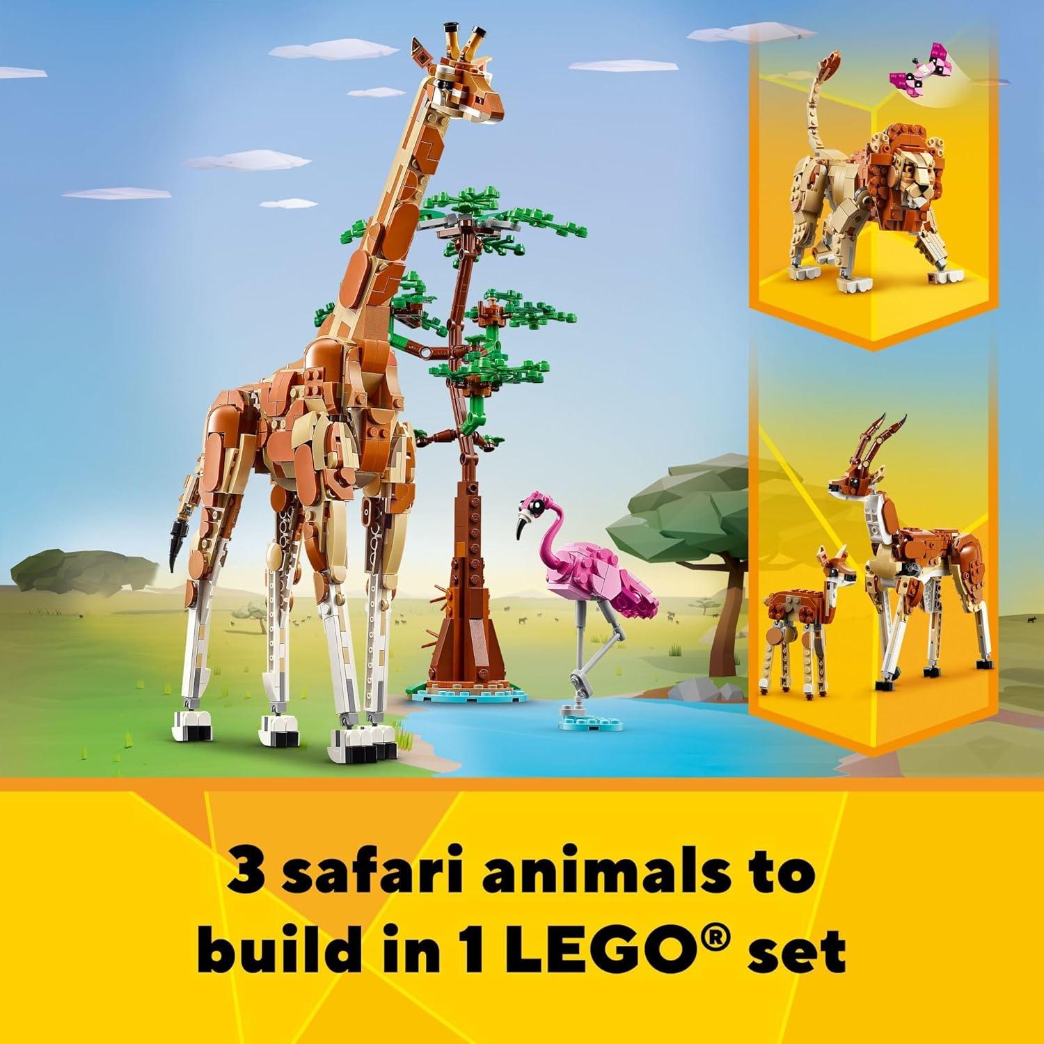 LEGO 31150 Creator 3 in 1 Wild Safari Animals, Rebuilds into 3 Different Safari Animal Figures - Giraffe Toy, Gazelle Toy or Lion Toy, Nature Toy, Building Set for Kids.