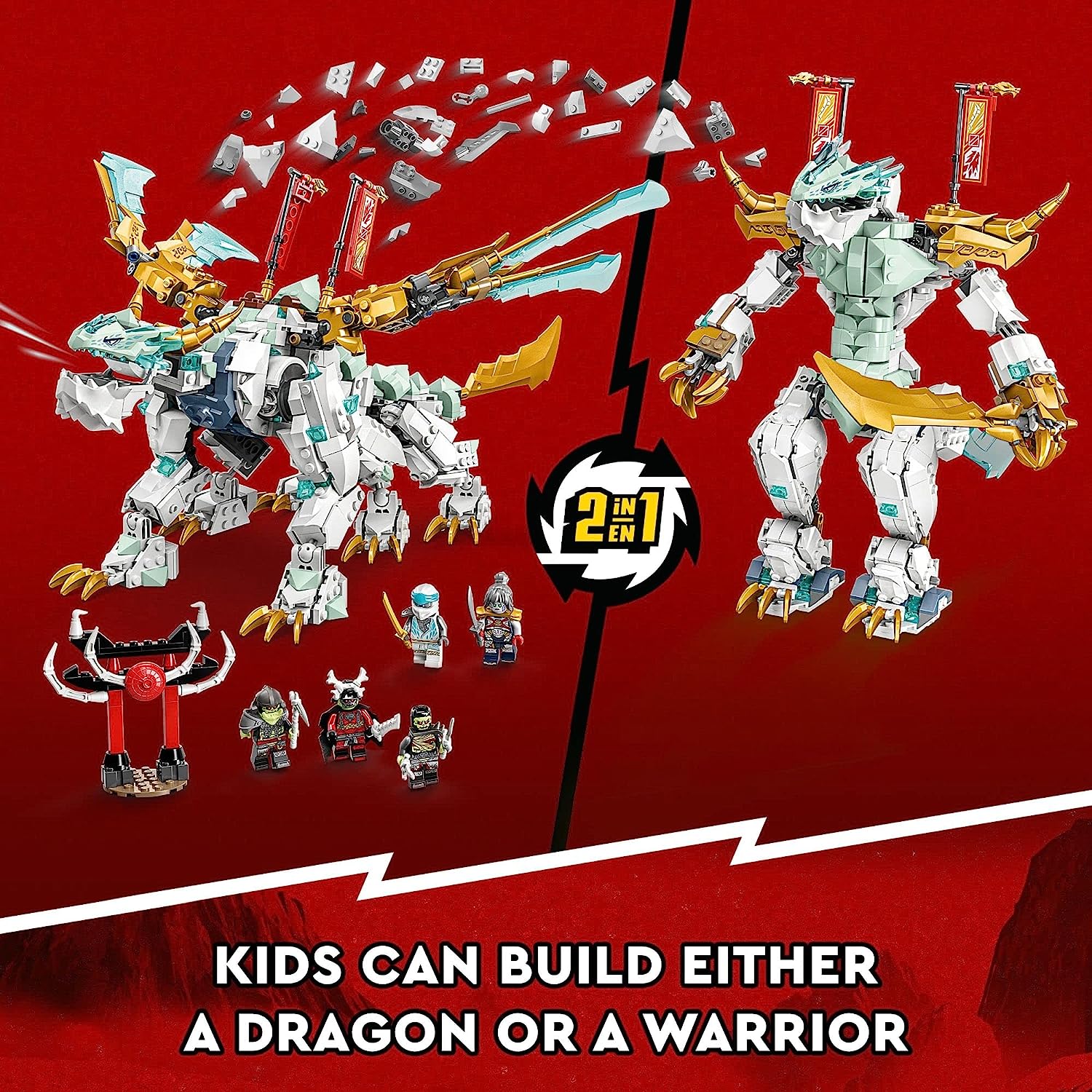 LEGO NINJAGO Zane’s Ice Dragon Creature 71786, 2in1 Dragon Toy to Action Figure Warrior, Model Building Kit, Construction Set for Kids with 5 Minifigures