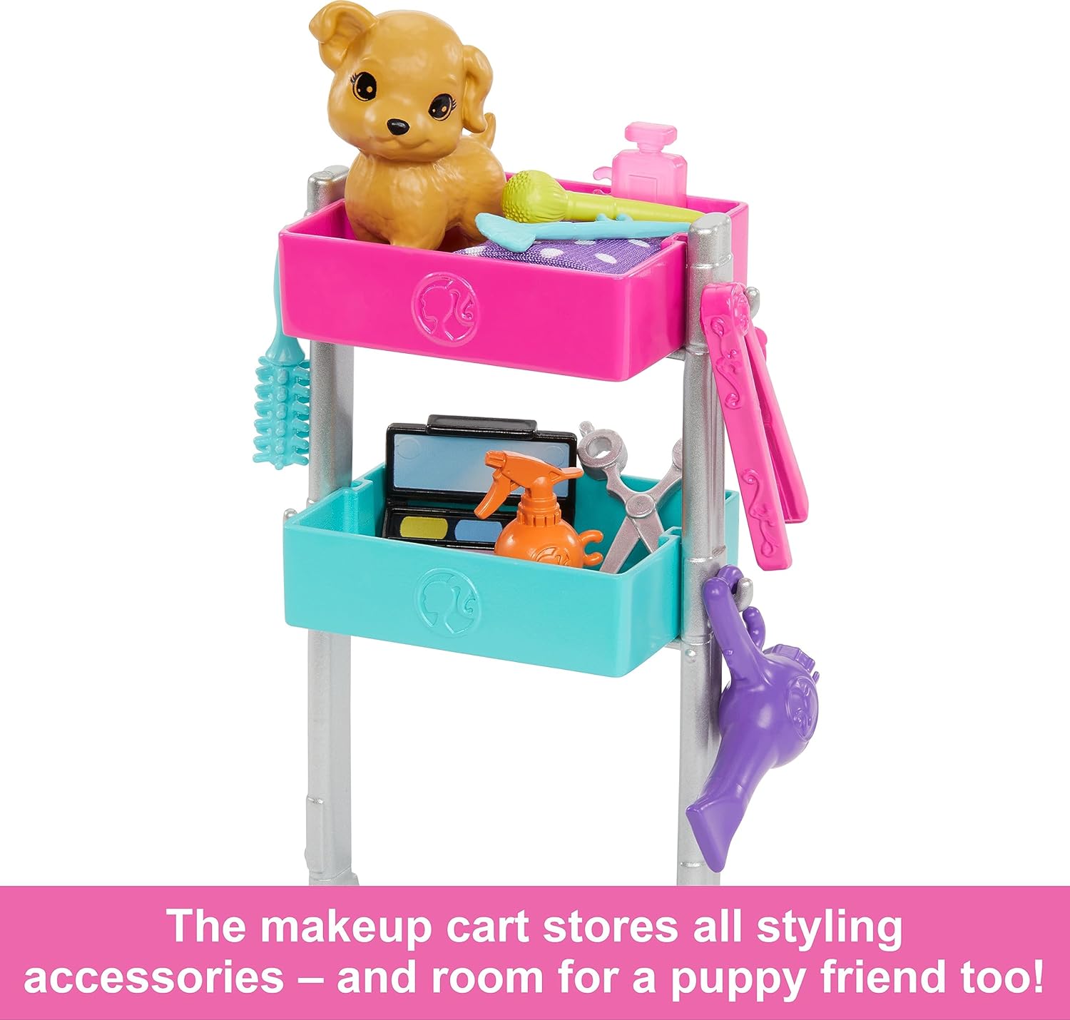 Barbie Stylist Doll & 14 Accessories, Blonde Malibu Fashion Doll On-set with Cart, Smock, Makeup Palette, Pet Puppy & More