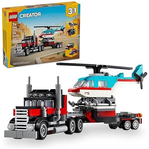 LEGO Creator 31146, 3 in 1 Flatbed Truck with Helicopter Toy, Transforms from Flatbed Truck Toy to Propeller Plane to Hot Rod and SUV Car Toys, Gift Idea for Boys and Girls Ages 7 Years Old and Up