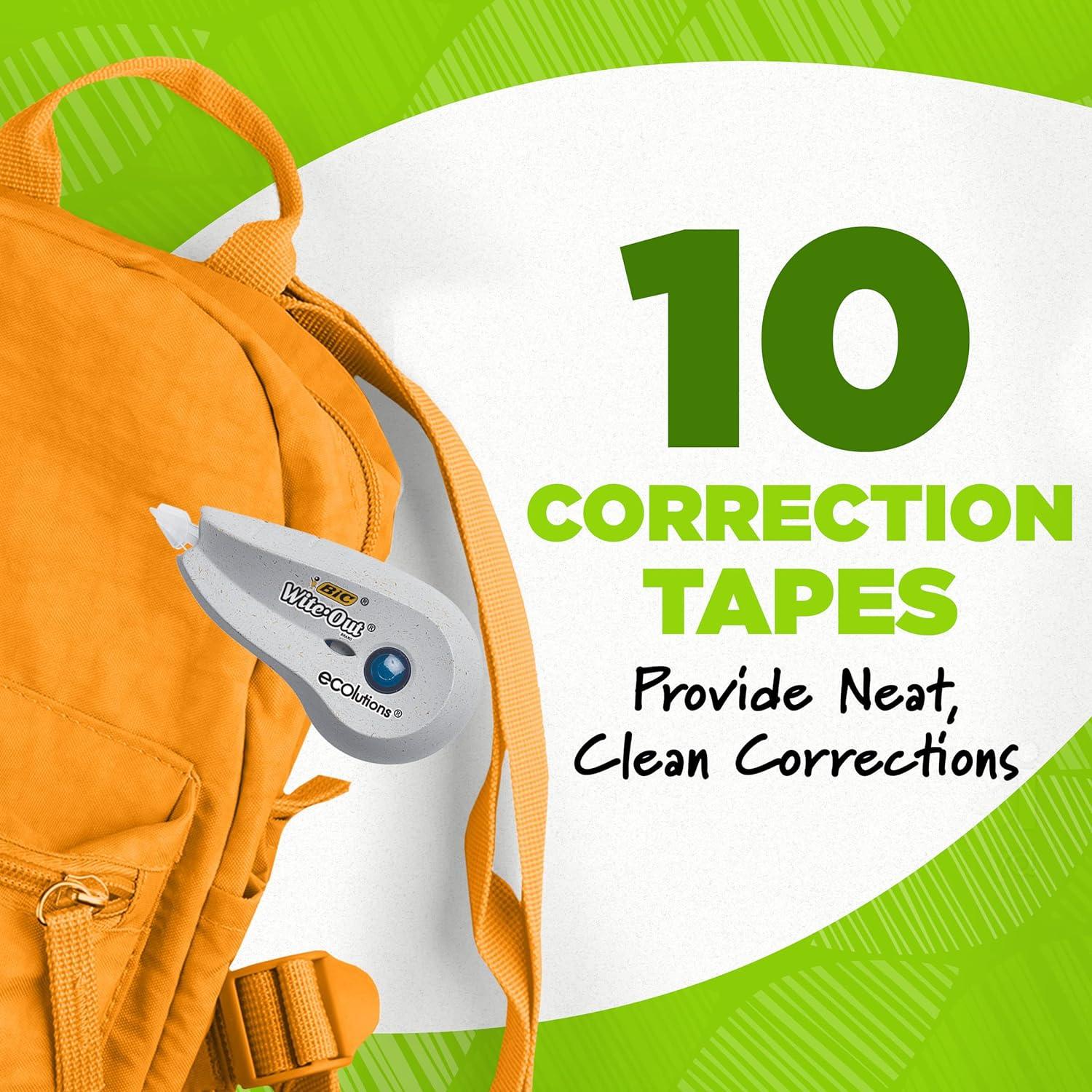 شريط تصحيح العلامة التجارية BIC Ecolutions Wite-Out، 19.8 قدم، عبوة مكونة من 10 قطع، شريط تصحيح مصنوع من 56% من البلاستيك المعاد تدويره باستثناء الشريط 