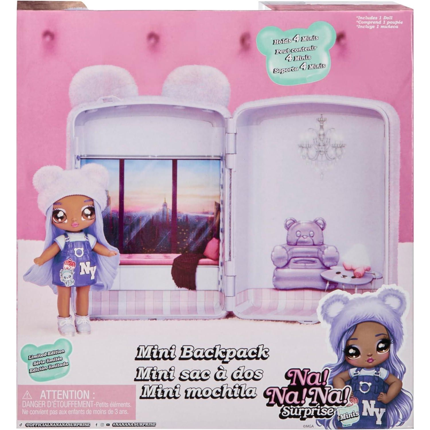 Na! Na! Na! Surprise Mini Backpack Bedroom Lizzy York Fashion Doll, Fuzzy Purple Bear Backpack, Gift for Kids