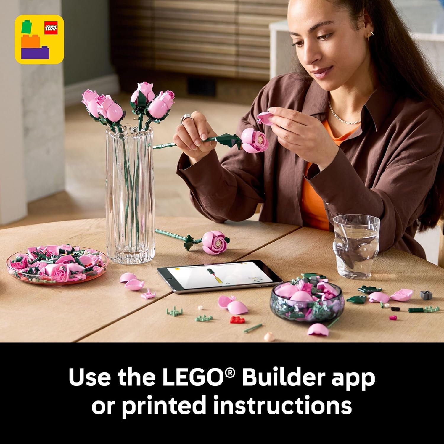 LEGO Botanicals Bouquet of Pink Roses Artificial Flowers - Building Blocks for Adults, Ages 18+ - Gifts for Birthdays for Her - Flowers for Home Office, Shelf or Room Decor - 10374