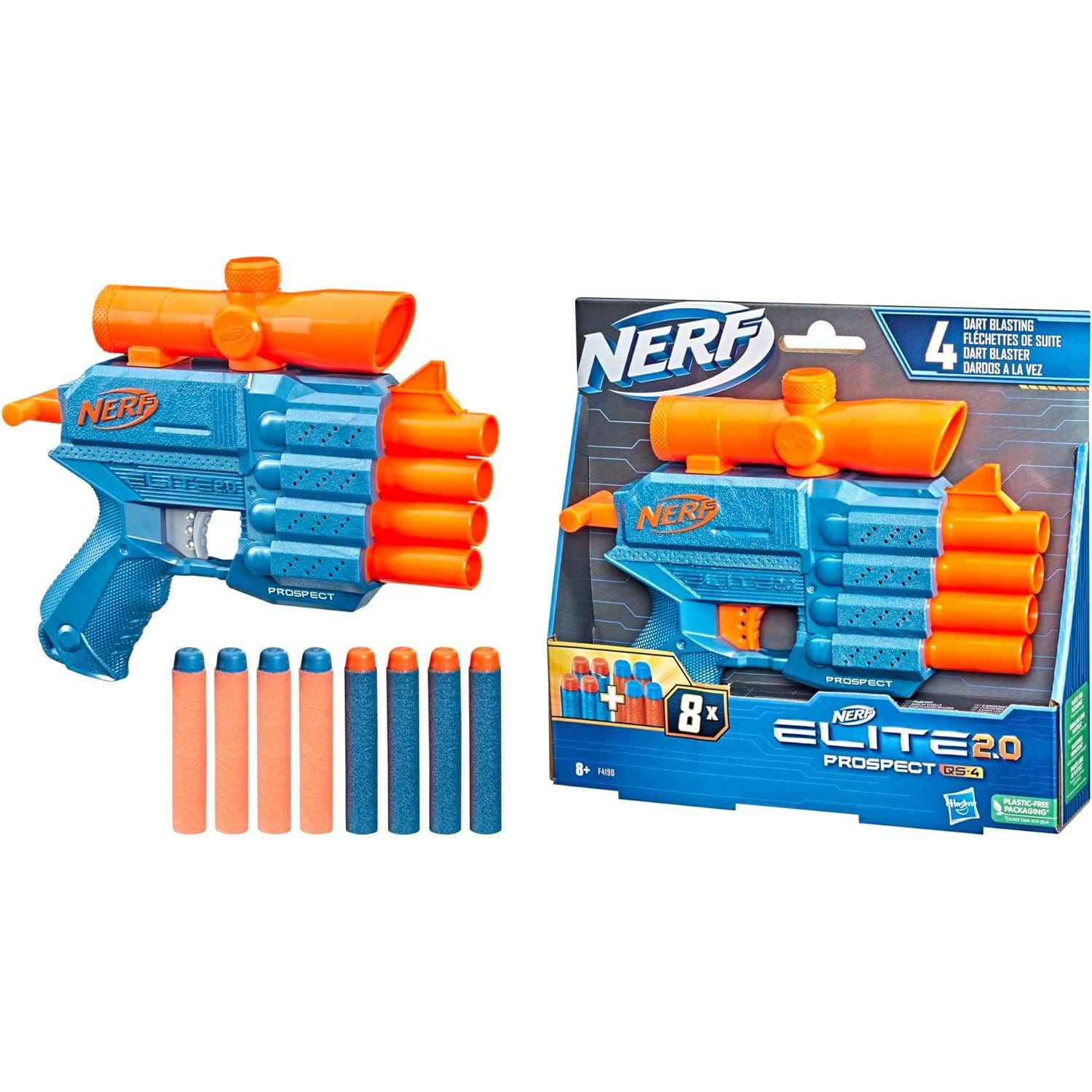 Hasbro Nerf Elite 2.0 Prospect QS-4 Blaster, 8 Official Nerf Elite Darts, 4-Dart Blasting, Non-Removable Targeting Scope