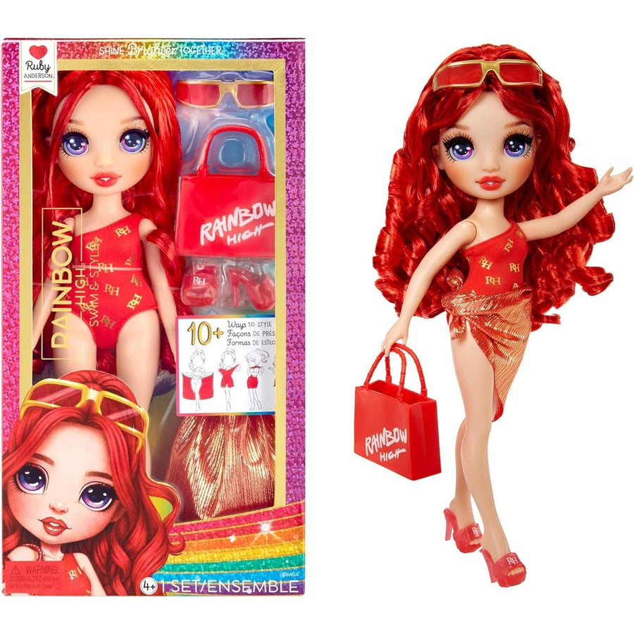 Rainbow High Swim & Style Ruby, Red 11" Fashion Doll with Shimmery Wrap to Style 10+ Ways, Removable Swimsuit, Sandals