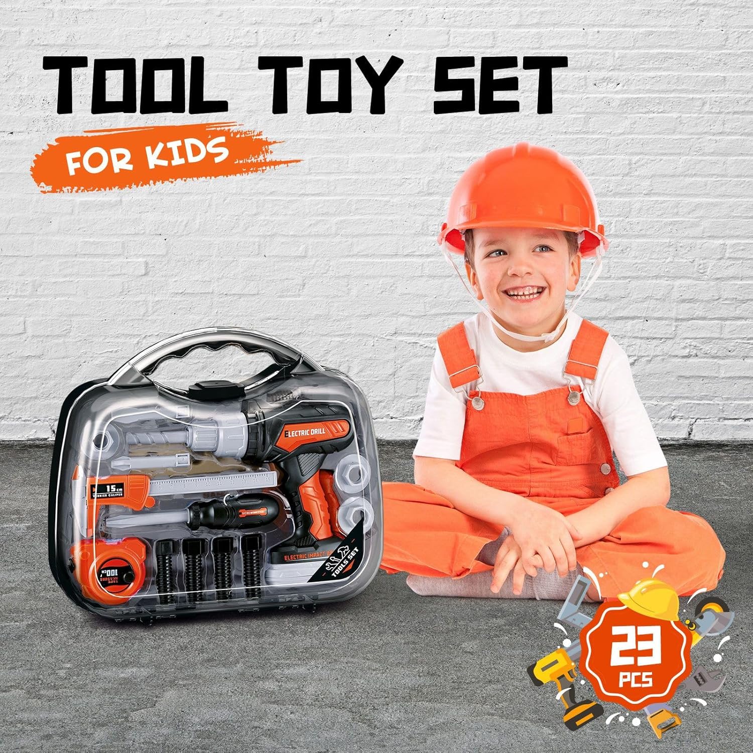 23pcs Kids Construction Tool Toys Box Tool Case Toolset Childrens Plastic Building Kit Pretend Role Play Learning Educational Repair Playset