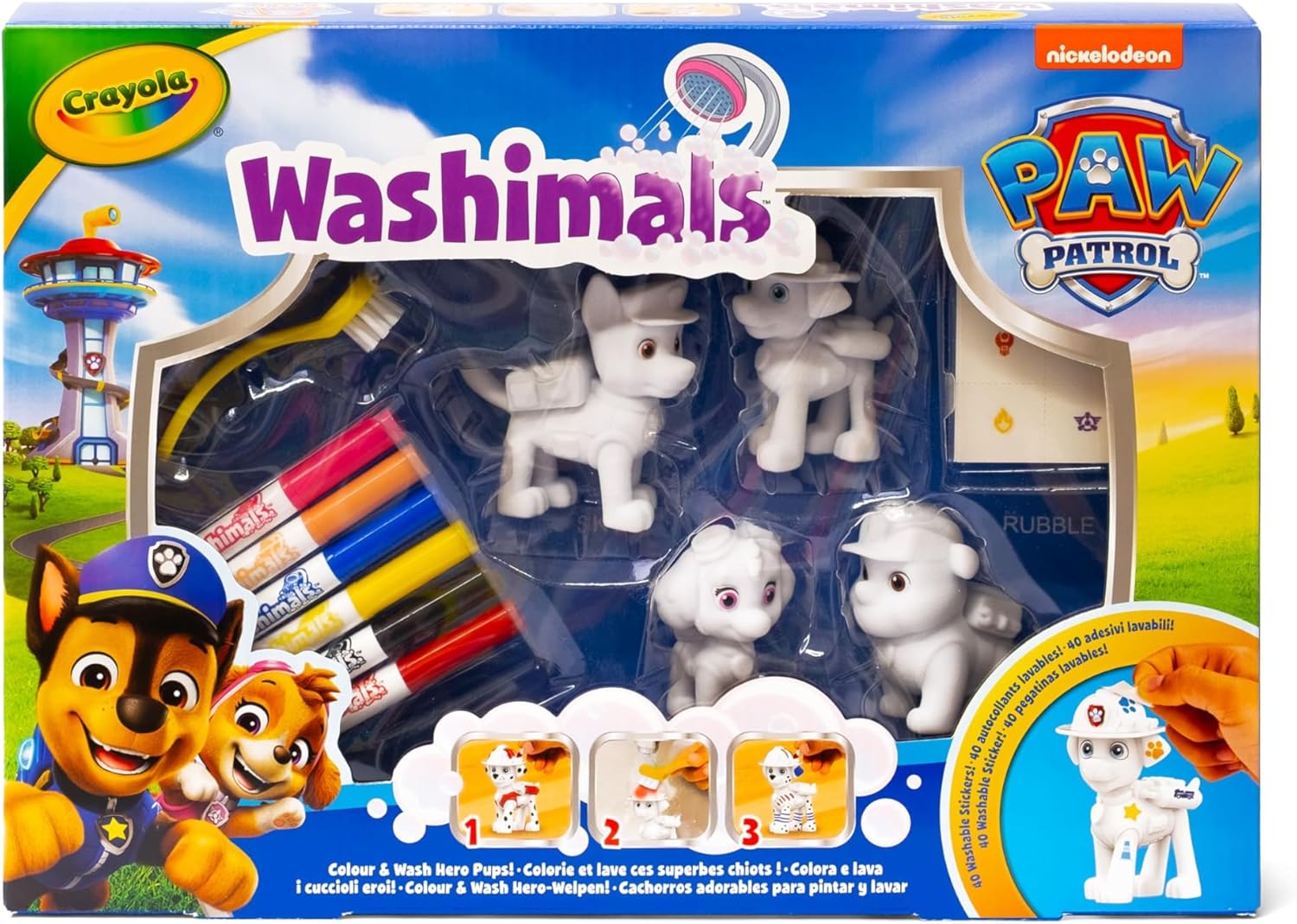 CRAYOLA - Washimals Paw Patrol Activity Kit with 4 Baby Animals, 6 Washable Felt Tips, 40 Stickers and Brush, Game and Gift for Children, from 3 Years