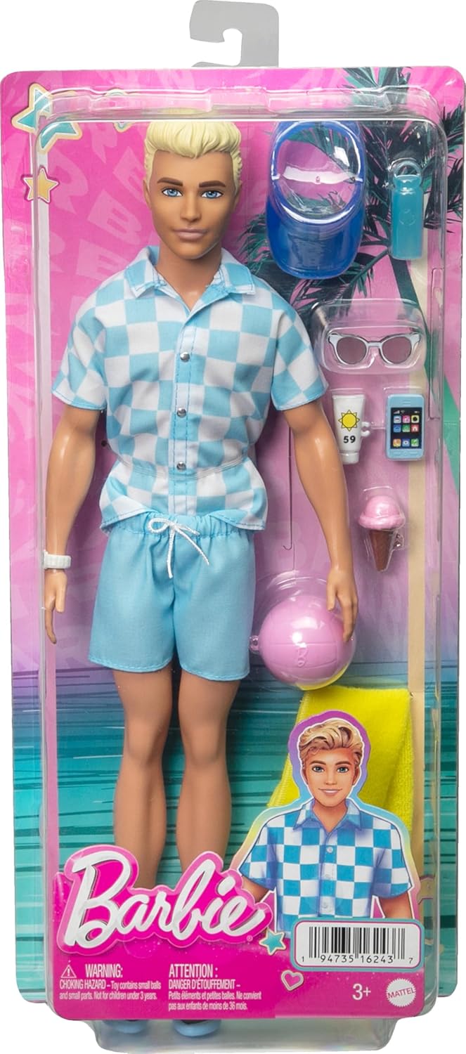 Blonde Ken Doll With Swim Trunks And Beach-Themed Accessories