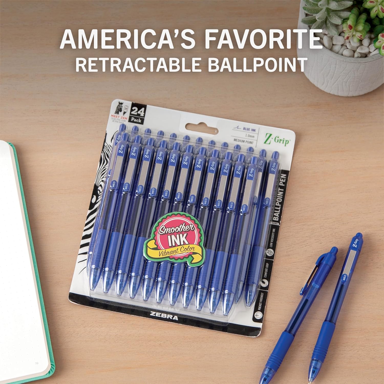 Zebra Pen Z-Grip Retractable Ballpoint Pen, Smooth-Flowing Blue Ink, 1.0mm Medium Point, School Supplies, Teacher Supplies and Office Supplies, 24-Pack