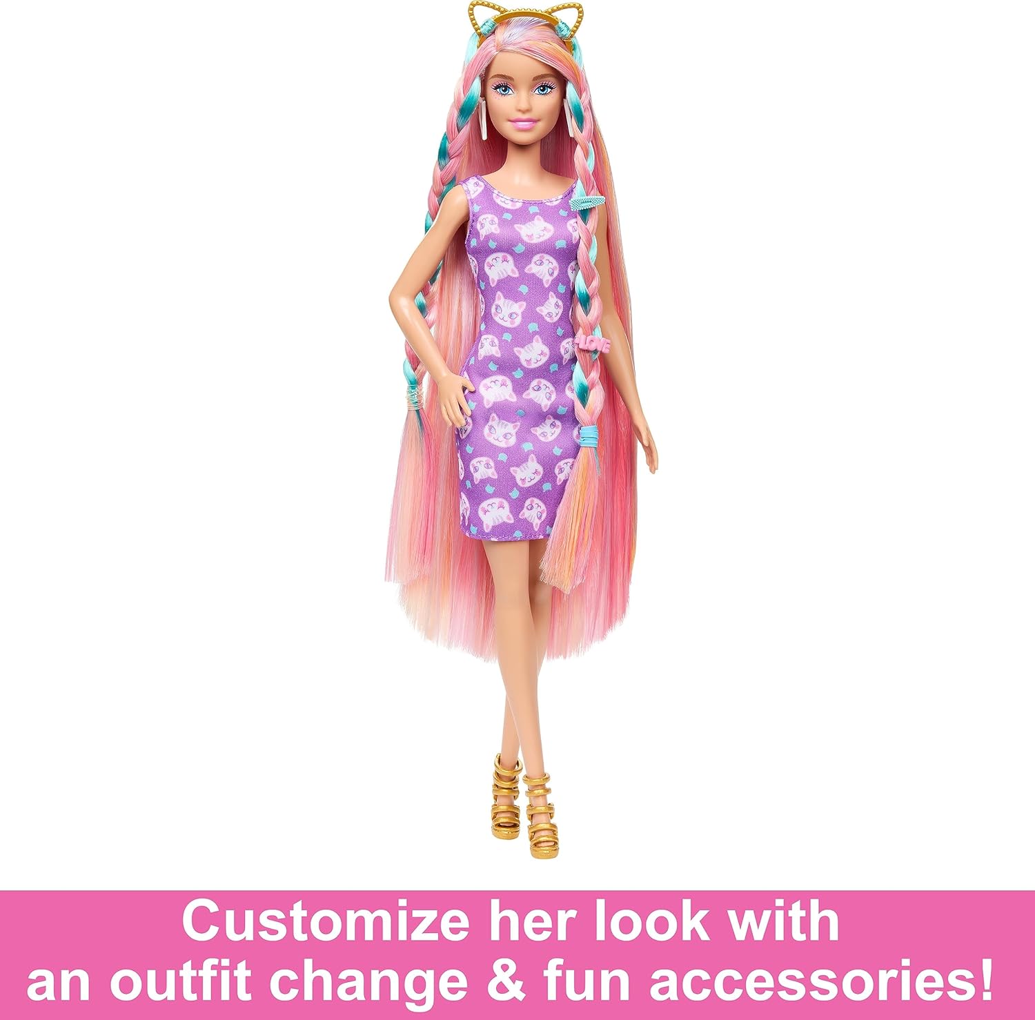 Barbie Doll, Fun & Fancy Hair with Extra-Long Colorful Blonde Hair and Glossy Pink Dress, 10 Hair and Fashion Play Accessories