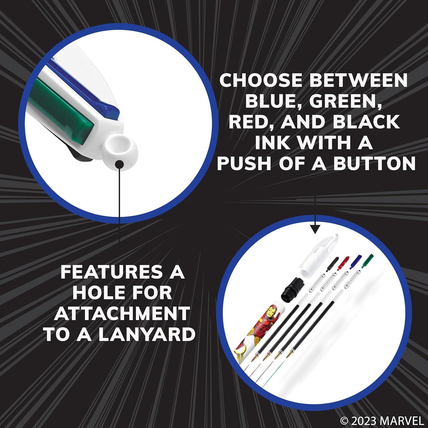 أقلام حبر جاف قابلة للسحب من BIC Marvel's Avengers Edition، 4 ألوان، رأس متوسط (1.0 مم)، عبوة من 3 قطع، قلم حبر جاف قابل للسحب مع حبر يدوم طويلاً