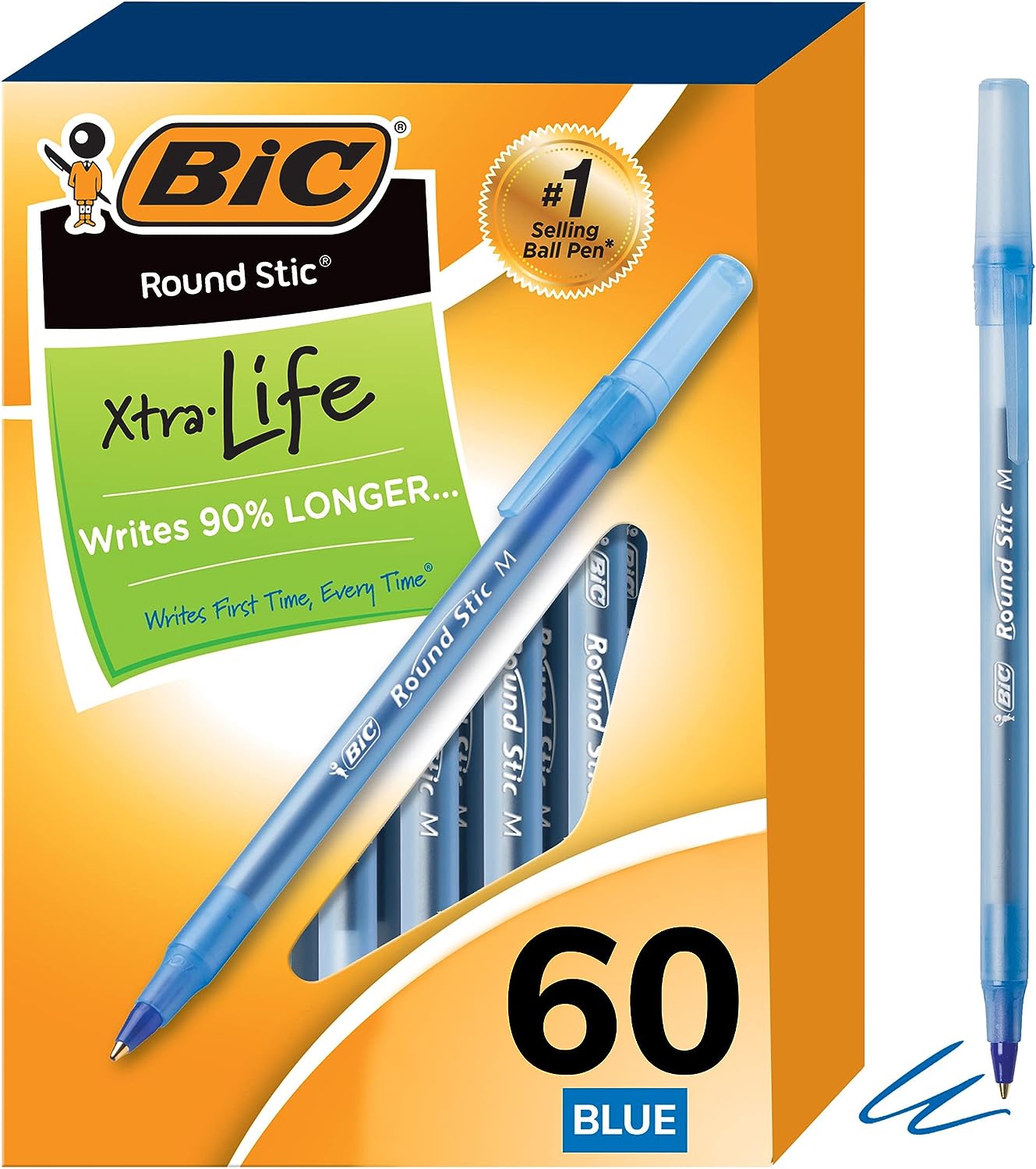 BIC Round Stic Xtra Life Ballpoint Pens, Medium Point (1.0mm), Blue, 60-Count