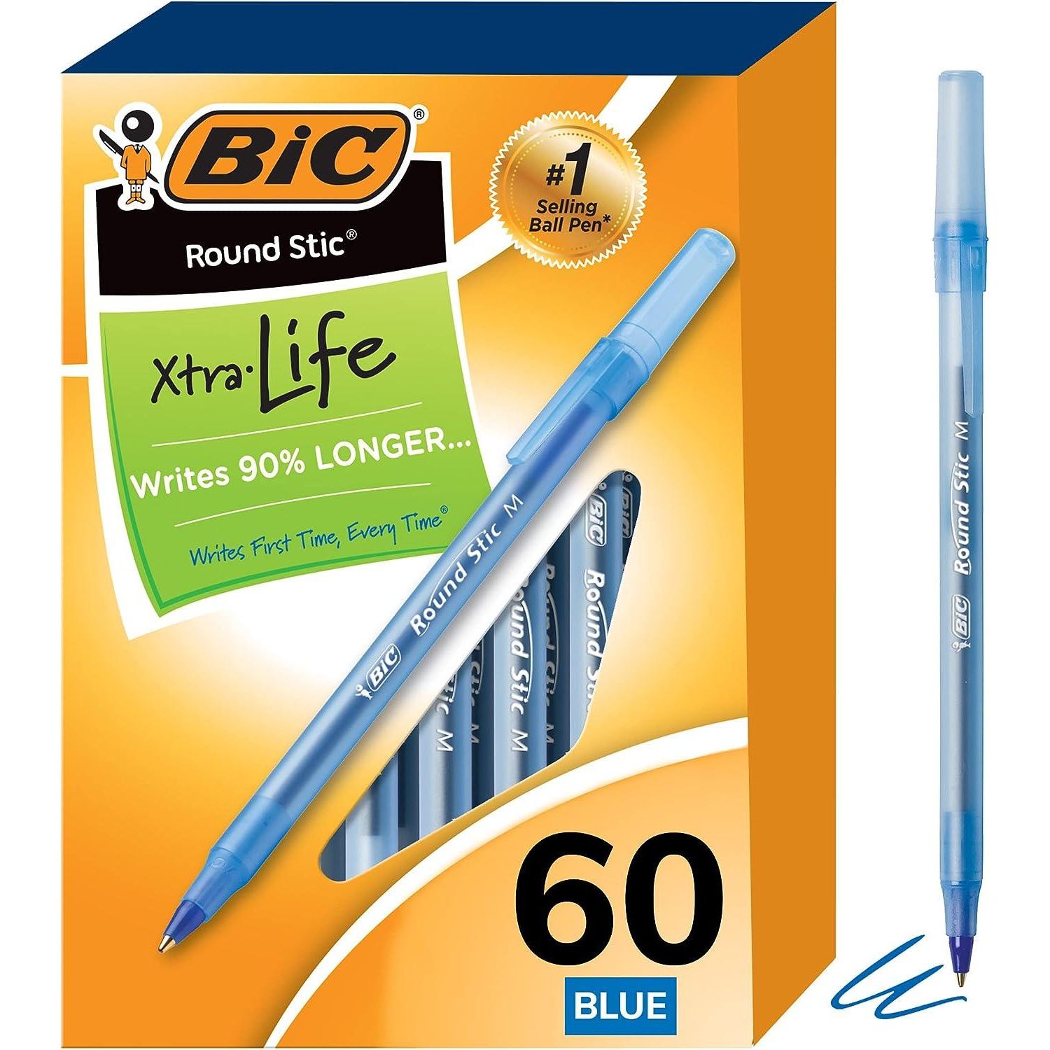BIC Round Stic Xtra Life Ballpoint Pens, Medium Point (1.0mm), Blue, 60-Count