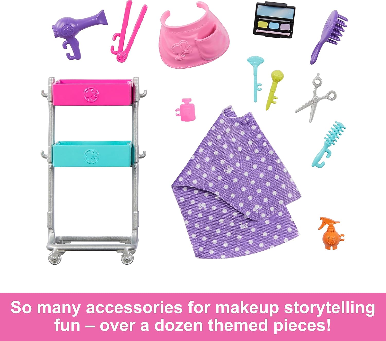 Barbie Stylist Doll & 14 Accessories, Blonde Malibu Fashion Doll On-set with Cart, Smock, Makeup Palette, Pet Puppy & More