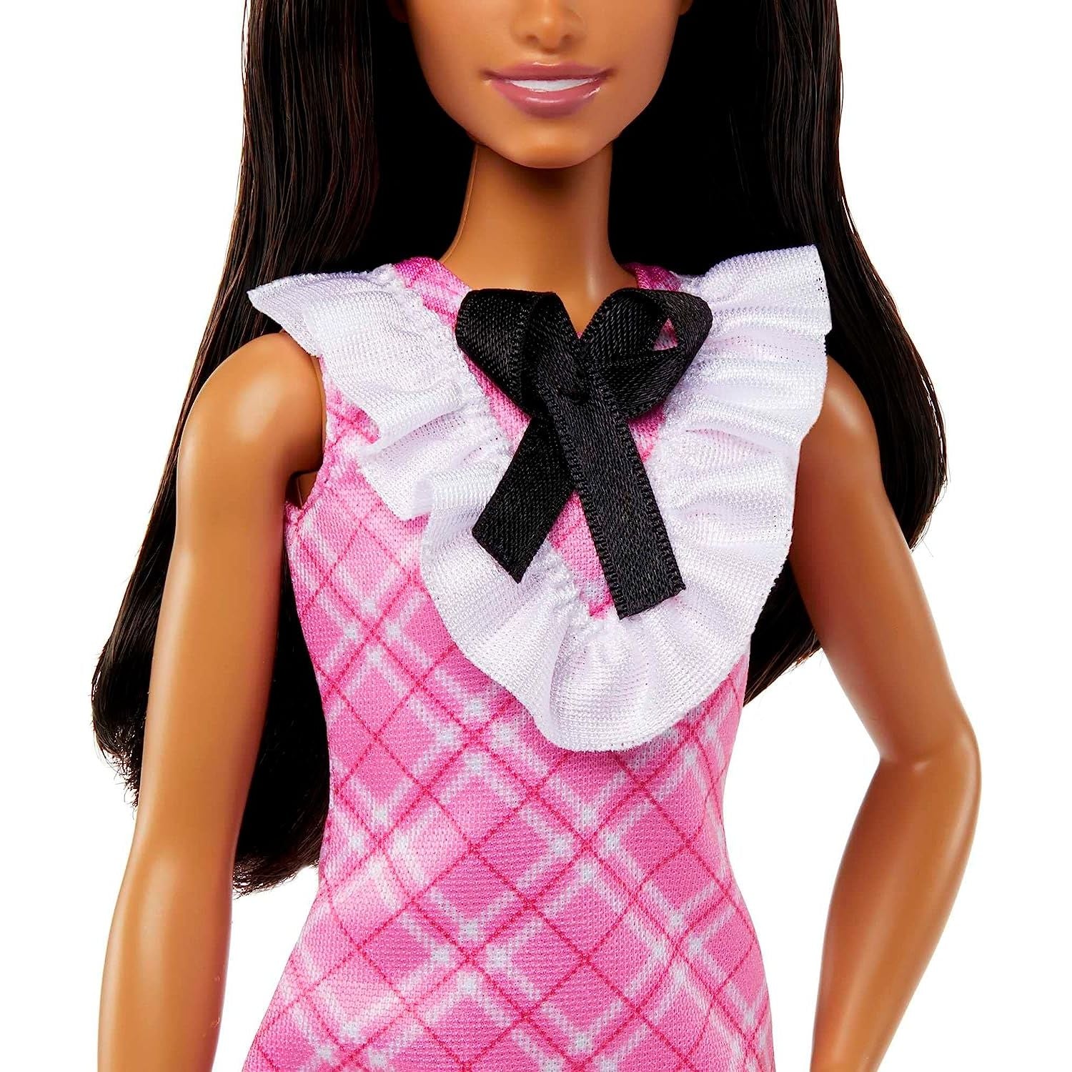 Mattel Barbie Fashionistas Doll #209 with Black Hair Wearing a Pink Plaid Dress, Pearlescent Headband and Strappy Heels