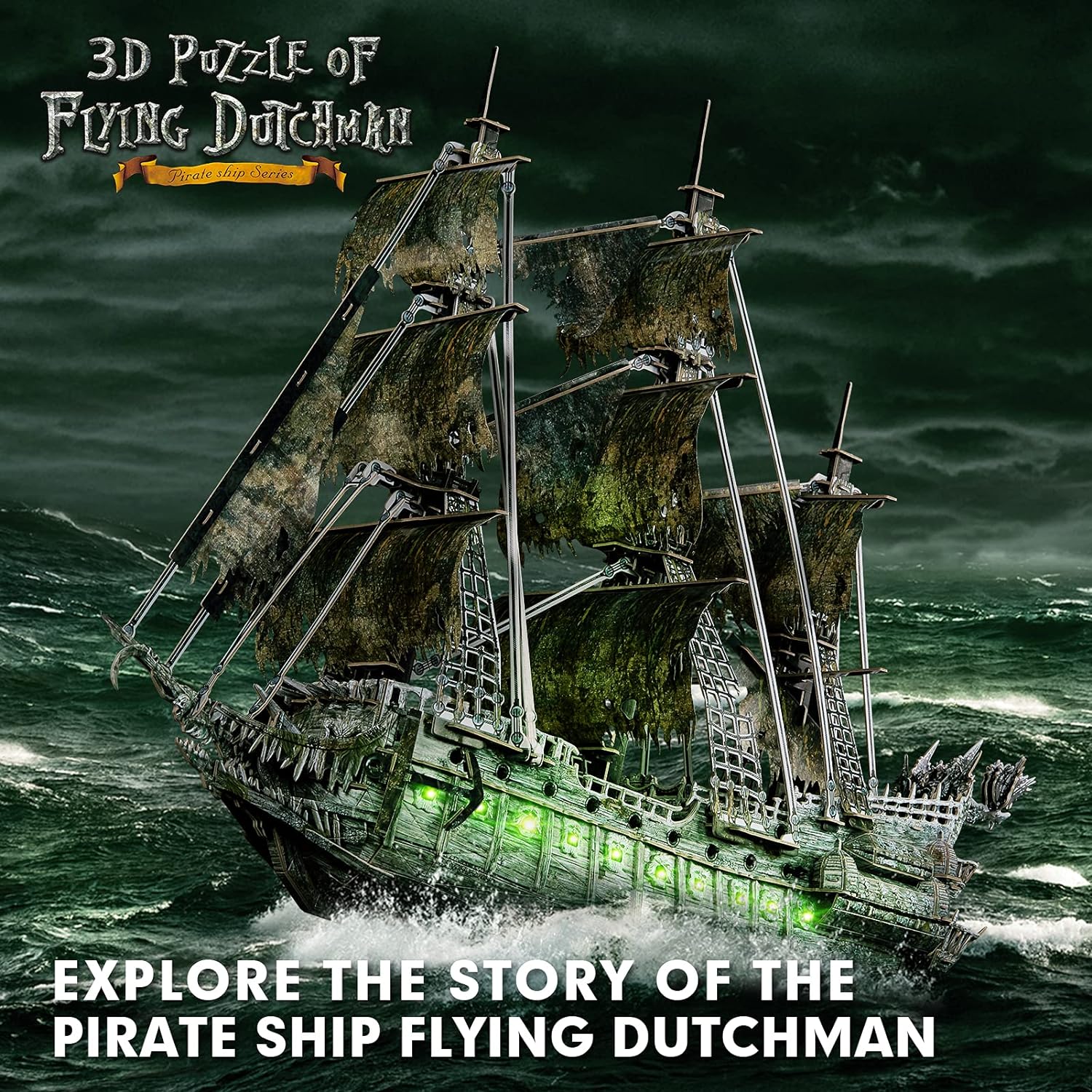 3D Green LED Flying Dutchman Pirate Ship Puzzle - 360 Pieces Haunted Ghost Ship Model Kit and Desk Decor