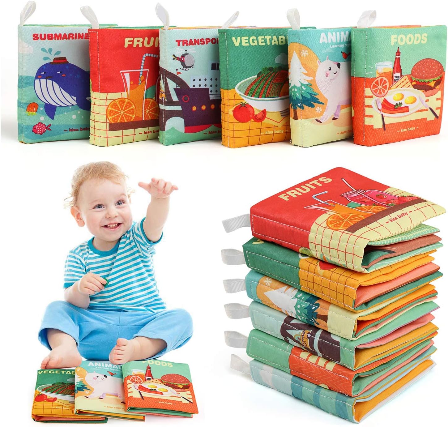 Kids Melody 6 Pcs Soft Books, Baby Cloth Books Non-Toxic Fabric Activity and Soft Crinkle Baby Books