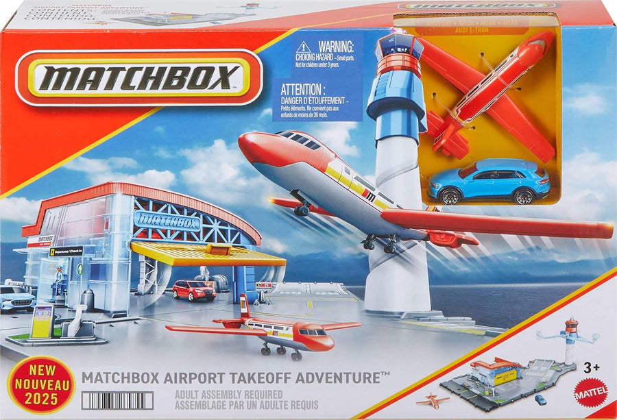 Matchbox Toy Car Playset, Takeoff Adventure Airport Playset with 1:64 Scale Diecast Audi, Plastic Plane, Takeoff and Landing Function and Storage