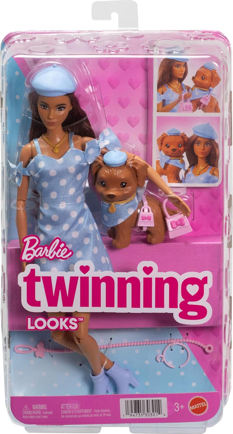 Barbie Twinning Looks Doll with Pet Dog in Matching Blue Polka Dot Clothes and Accessories for Both Like Berets and Purses, Brown Hair
