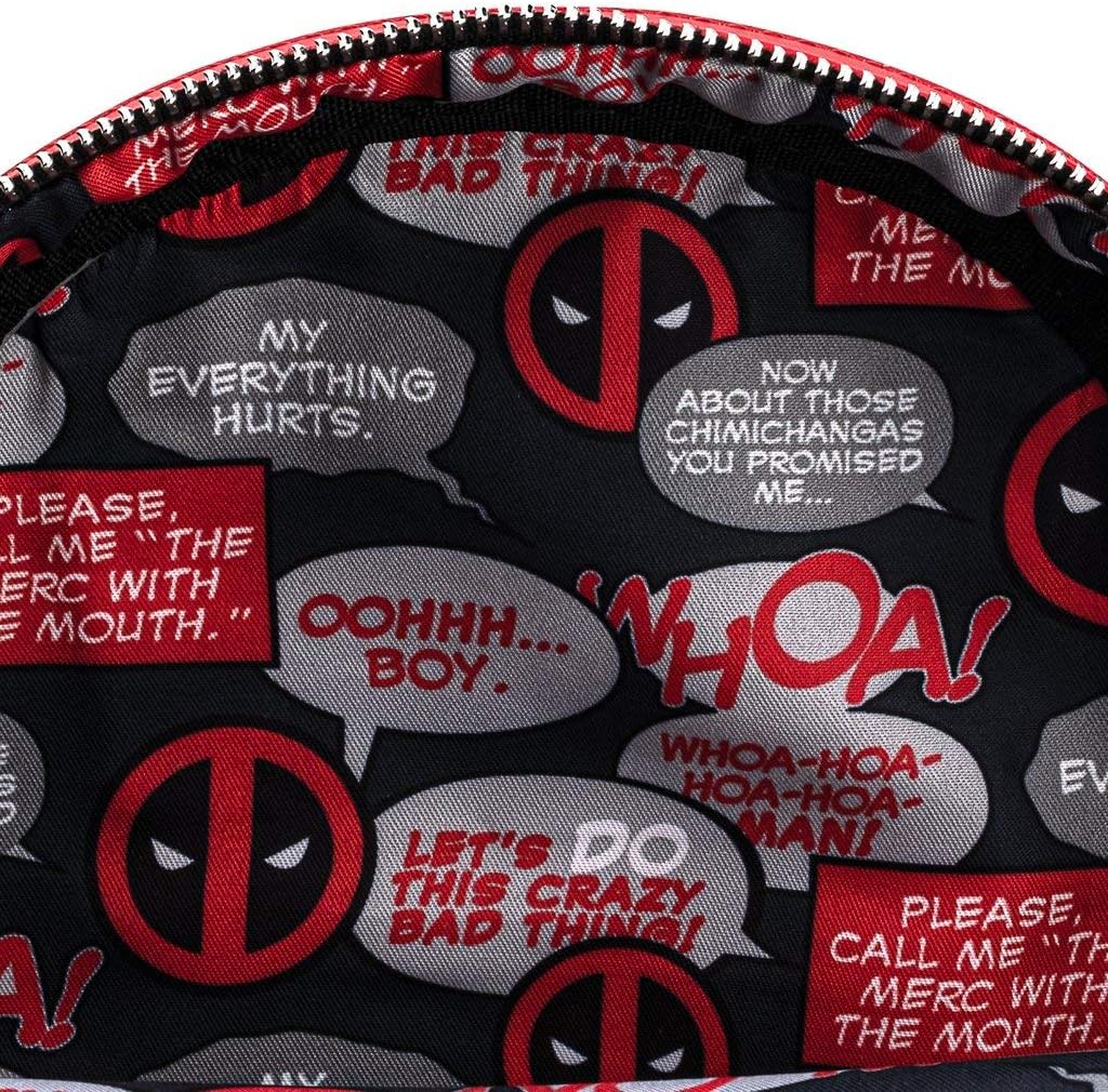 Deadpool-themed pouch with text and logos