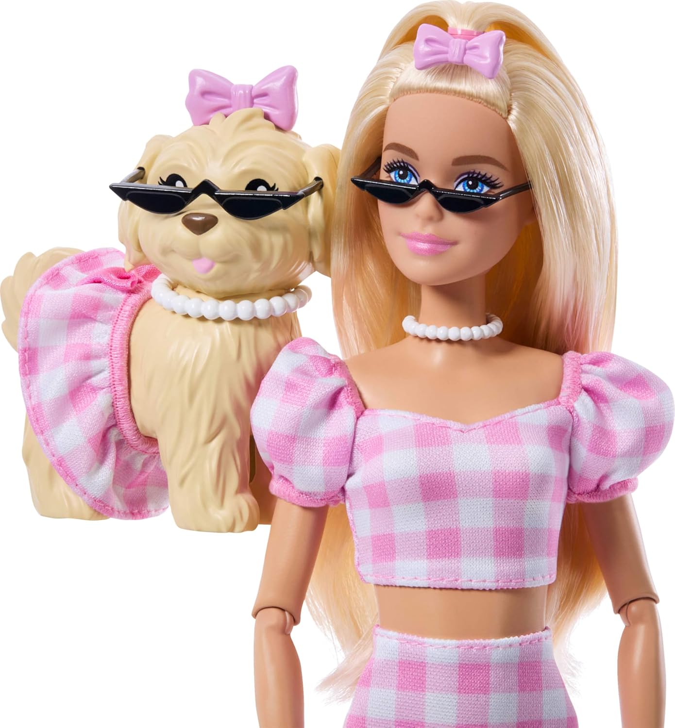 Barbie Twinning Looks Doll with Pet Dog in Matching Pink Gingham Clothes and Accessories for Both Like Sunglasses, Necklaces and Bows, Blonde