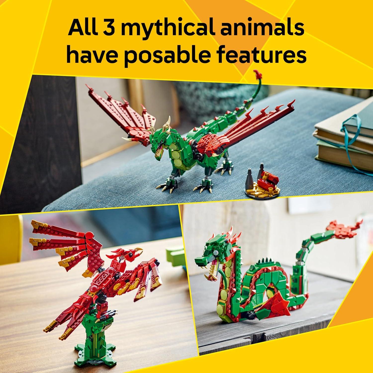 LEGO 31161 Creator 3 in 1 Medieval Dragon Toy - Building Toy with 3 Build Options, Dragon, Sea Serpent, or Phoenix - Fantasy Set for Kids, Boys and Girls, Ages 9+ - Gift Idea for Birthdays