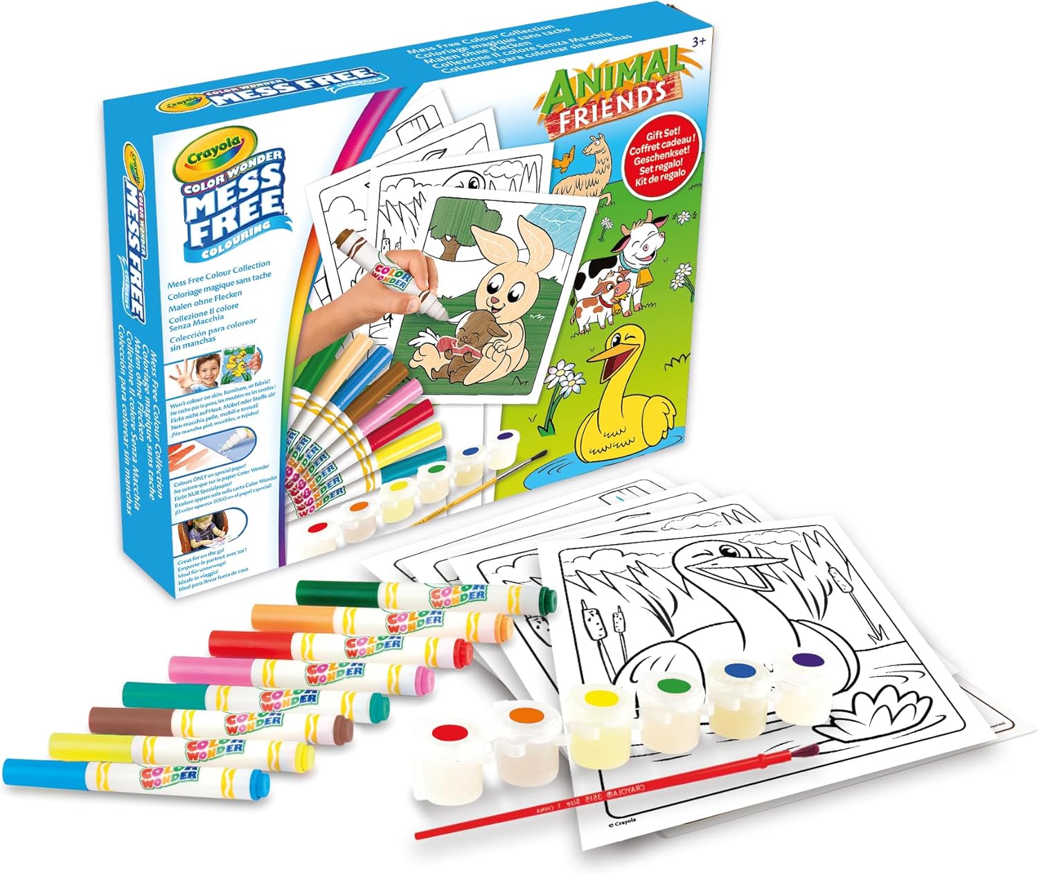 Crayola Mess Free Color Wonder Non Staining Farm Friends Gift Set: 30 Coloring Pages, 8 Felt-tip Pens, 6 Tempera Colors, 1 Brush