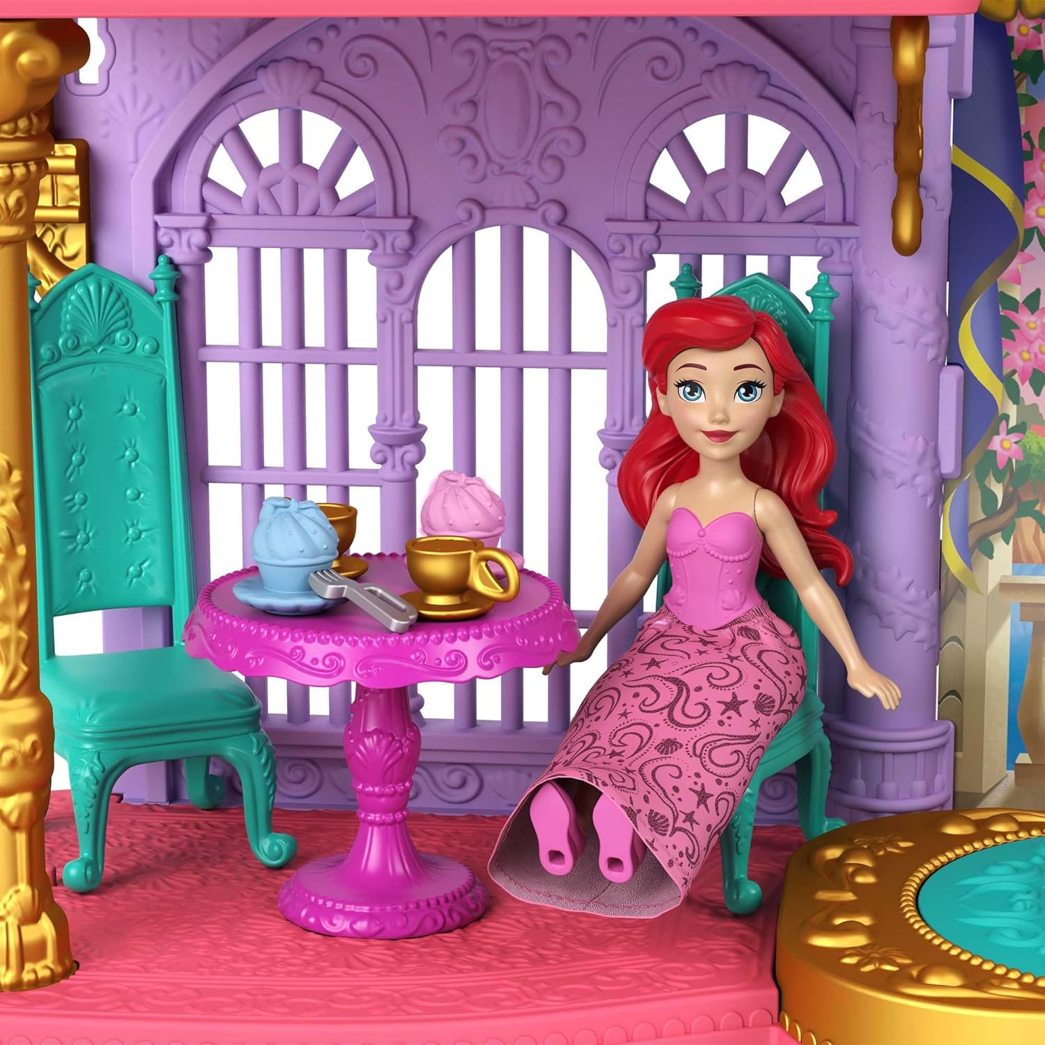 Mattel Disney Princess The Little Mermaid Toys, Ariel Doll House Stackable Castle with Land & Sea Levels, Small Doll, 1 Friend, 12 Pieces, Pool