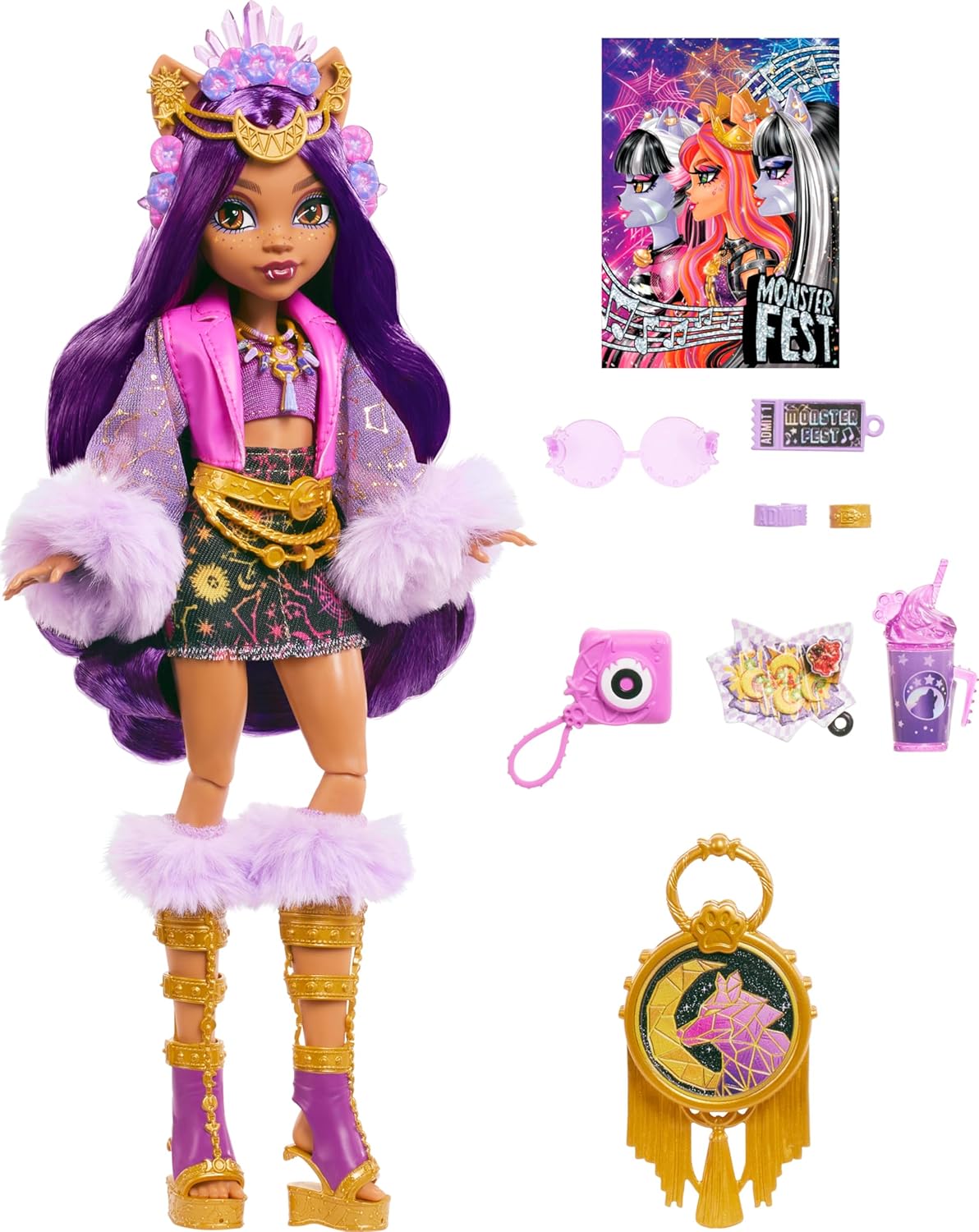 دمية Monster High Monster Fest، ذئب Clawdeen مع زي أنيق وإكسسوارات ذات طابع احتفالي مثل الوجبات الخفيفة وملصق الفرقة وحقيبة مميزة والمزيد 