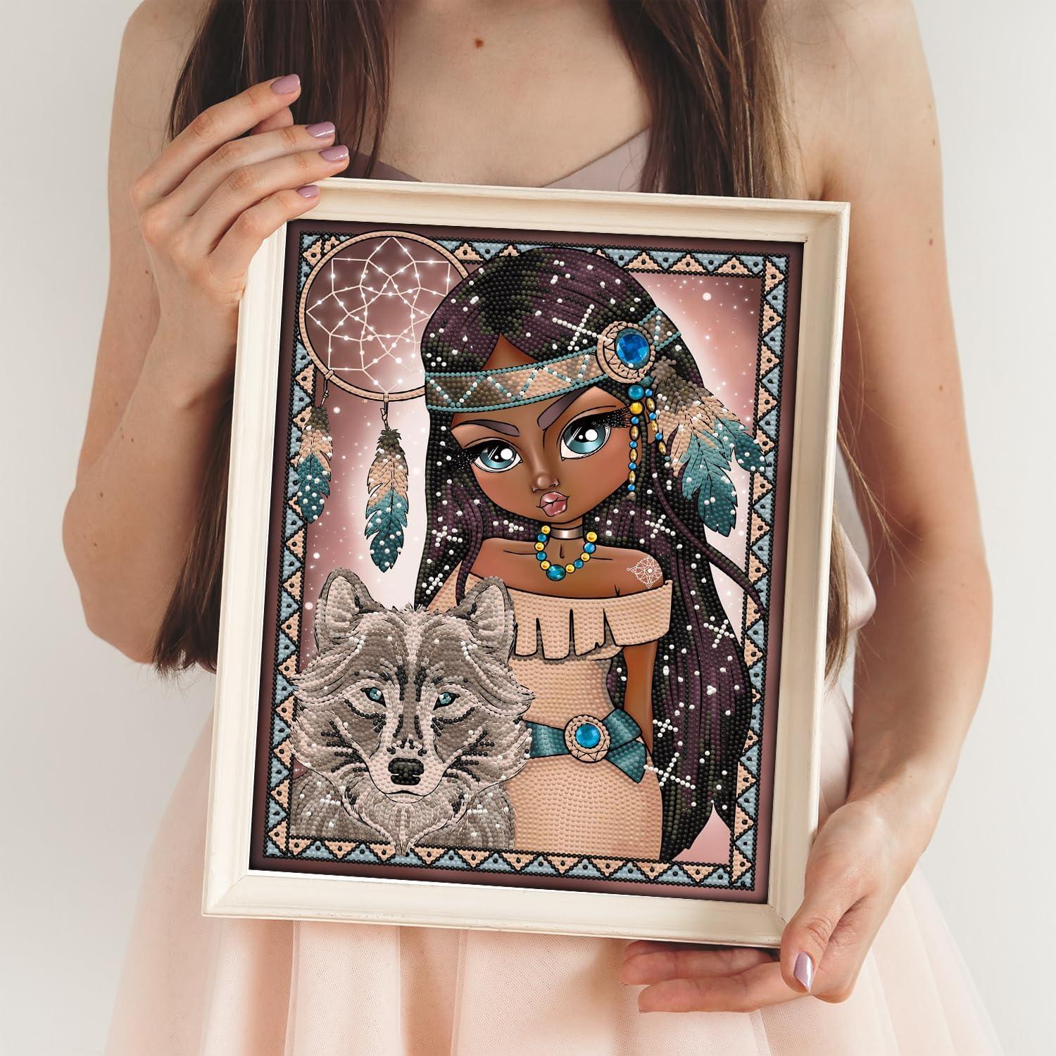 مجموعة فنية من الماس من سيمبلي دوتز 15.8 بوصة × 11.8 بوصة - فتاة هندية مع ذئب