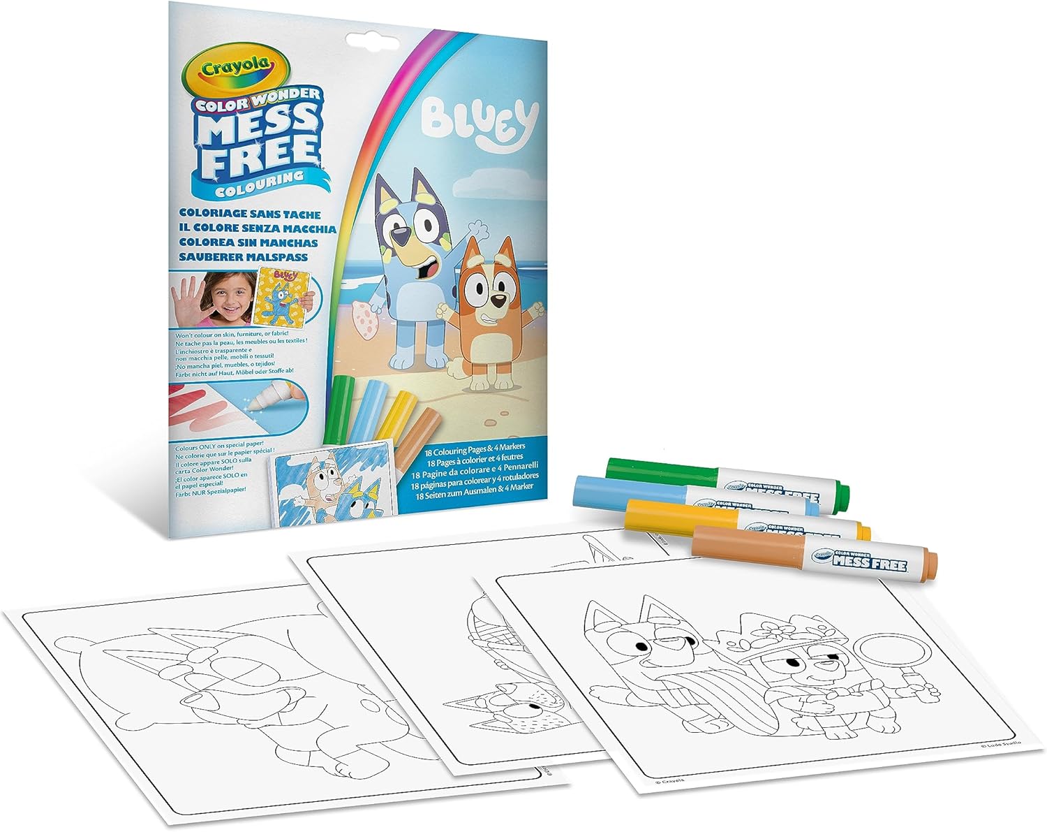CRAYOLA Color Wonder Colouring Set with 18 Colouring Pages & 4 Blue Spot Free Markers, Creative Activity