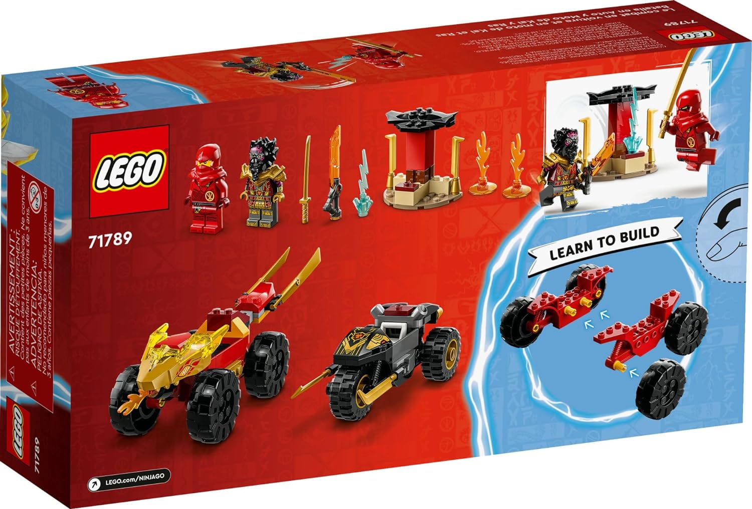 LEGO 71789 NINJAGO Kai and Ras’ Car and Bike Battle Beginner Building Toy Set, Features a Ninja Car Toy and Bike Plus 2 Minifigures, Birthday Gift for Toddlers and Kids Who are Little Ninja Fans