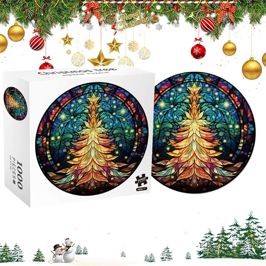 Stained Glass Christmas Tree Round 1000-Piece Jigsaw Puzzle - LL1000-35