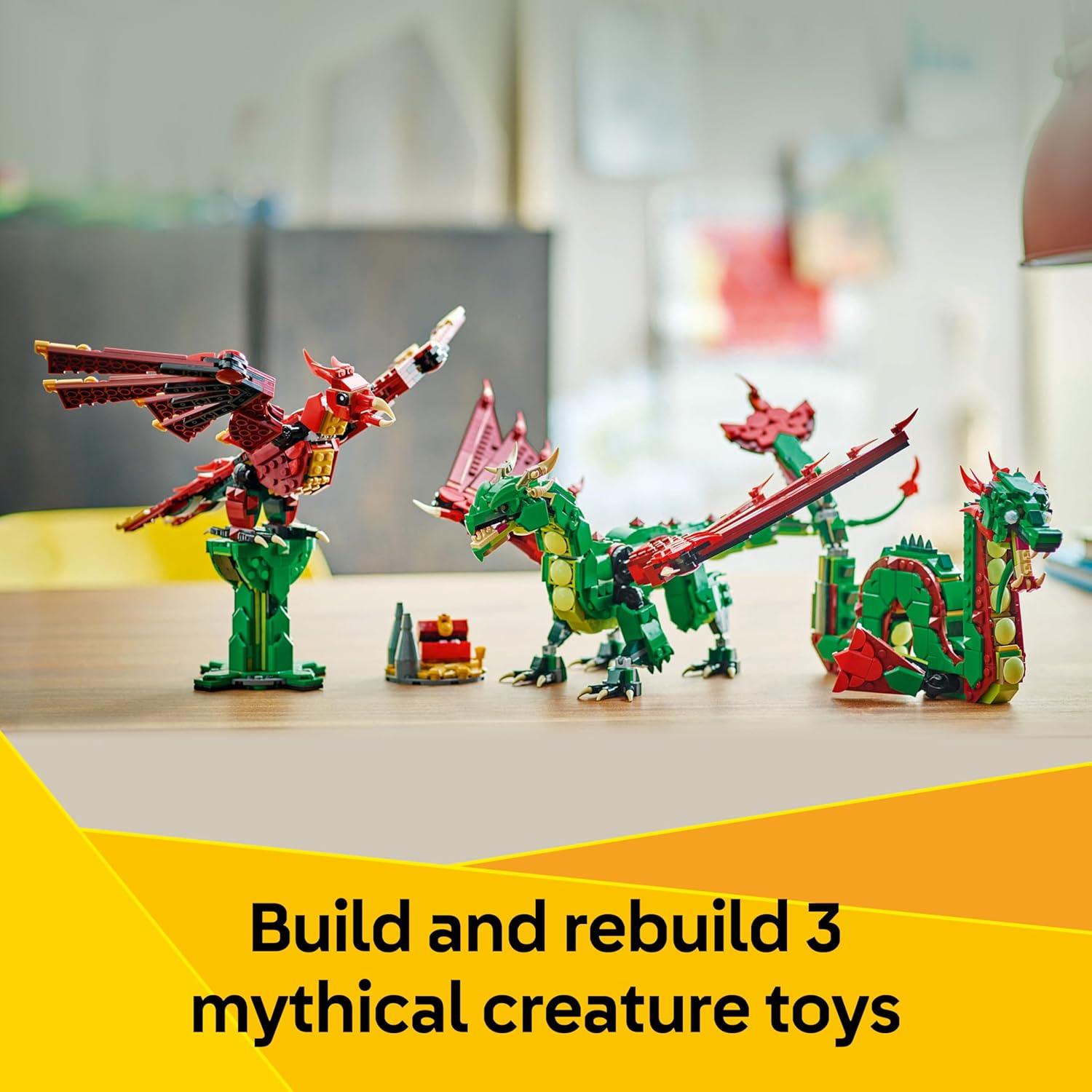 LEGO 31161 Creator 3 in 1 Medieval Dragon Toy - Building Toy with 3 Build Options, Dragon, Sea Serpent, or Phoenix - Fantasy Set for Kids, Boys and Girls, Ages 9+ - Gift Idea for Birthdays