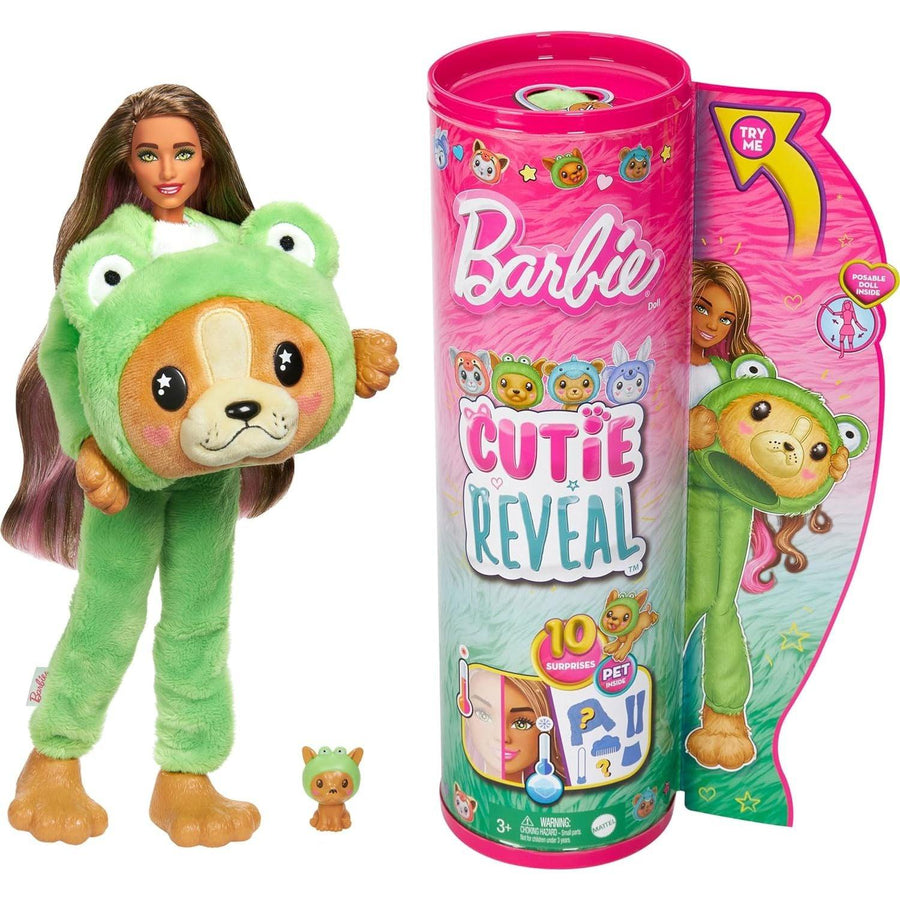 Barbie Cutie Reveal Doll & Accessories with Animal Plush Costume & 10 Surprises Including Color Change: Puppy as Frog in Costume-Themed Series