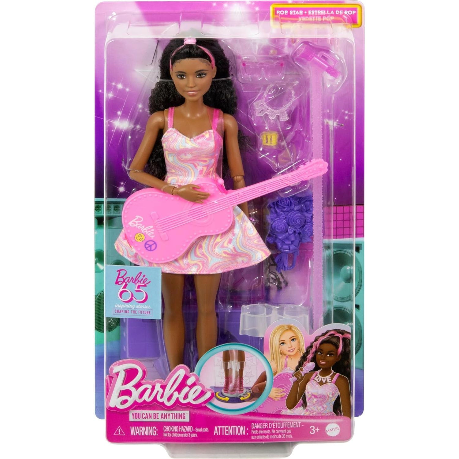 Barbie 65th Anniversary Doll & 10 Accessories, Pop Star Set with Brunette Singer Doll.