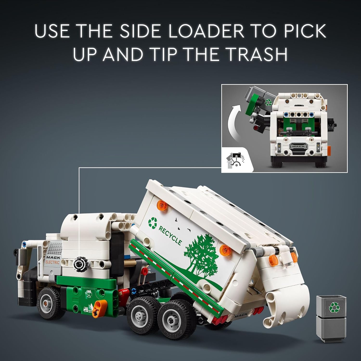 لعبة شاحنة القمامة الكهربائية تكنيك ماك LR من ليجو 42167، شاحنة أطفال قابلة للبناء للعب التظاهري.