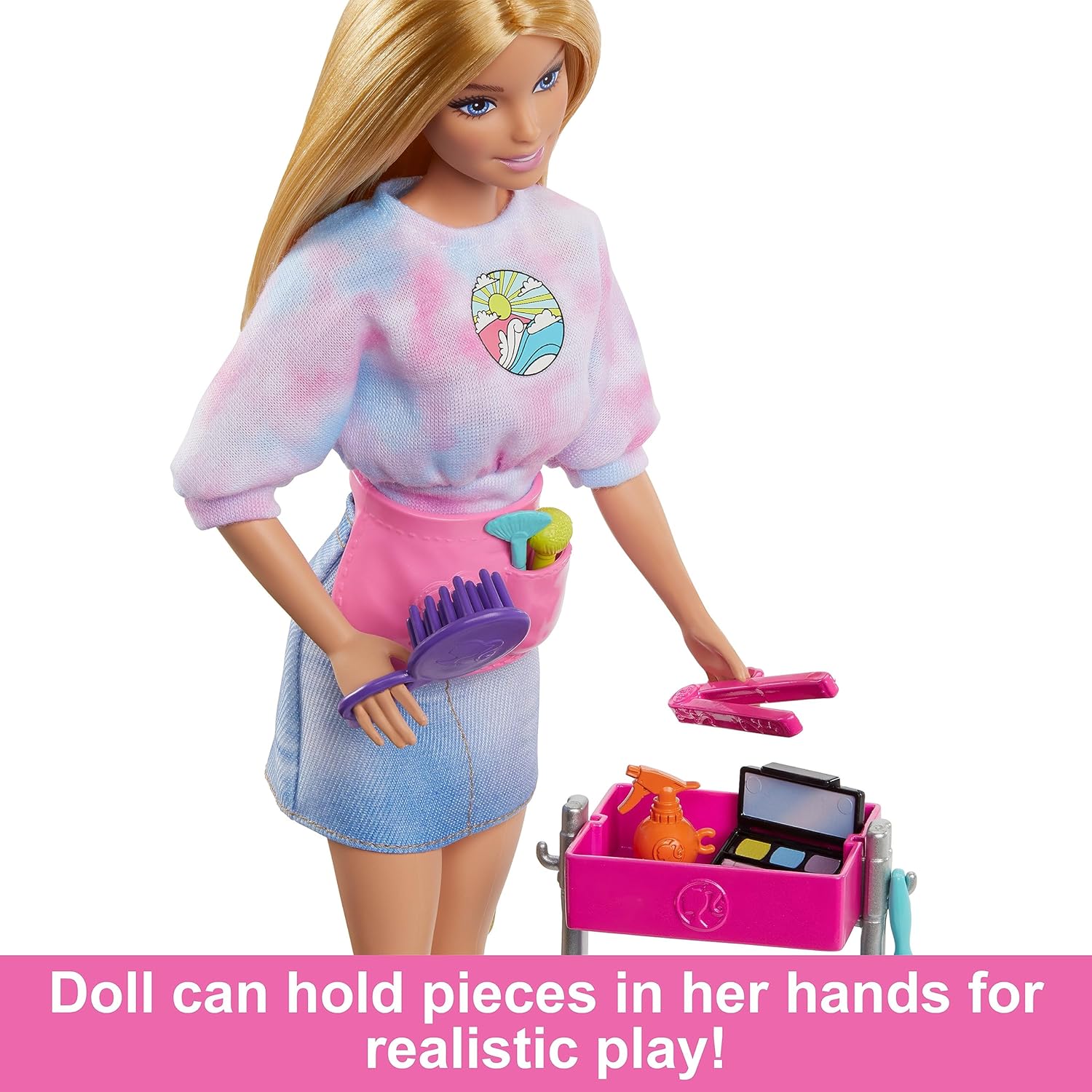 Barbie Stylist Doll & 14 Accessories, Blonde Malibu Fashion Doll On-set with Cart, Smock, Makeup Palette, Pet Puppy & More